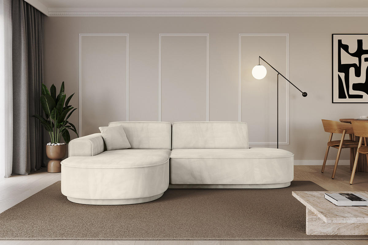 ECKSOFA Ottomane Links MARI-L1-v3 - 243x171x83 cm Ecru Velours - Ecru/Schwarz, Holzwerkstoff/Kunststoff (243/171cm) - ALTDECOR