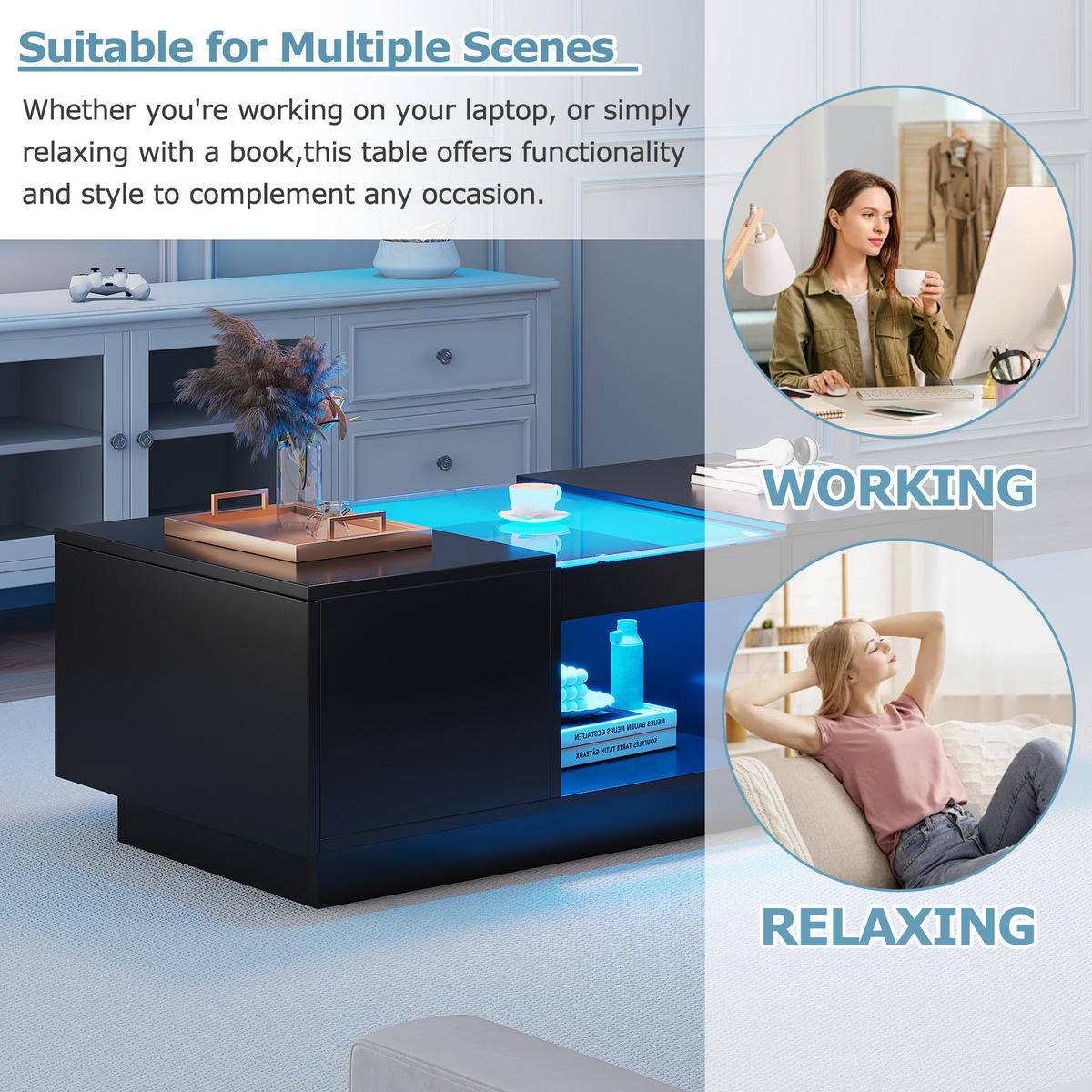 COUCHTISCH DE-201 Schwarz mit LED-Beleuchtung - Schwarz, Holzwerkstoff (50/100/36cm) - ComfortXL