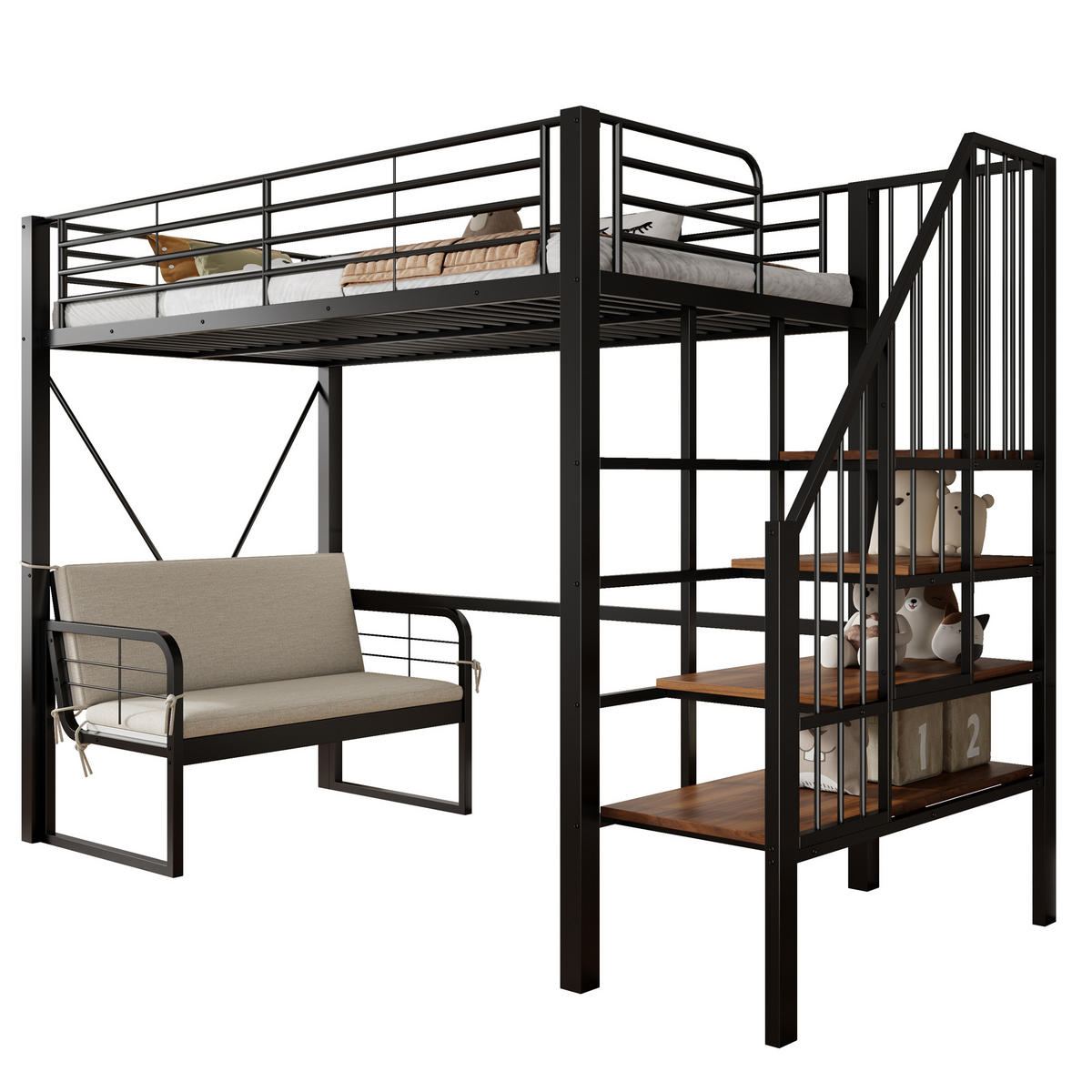HOCHBETT 90/200 cm DE-01525, in Schwarz, mit Polstersofa, Stauraum und Sicherheitstreppe - Schwarz, Metall (90/200cm) - ComfortXL