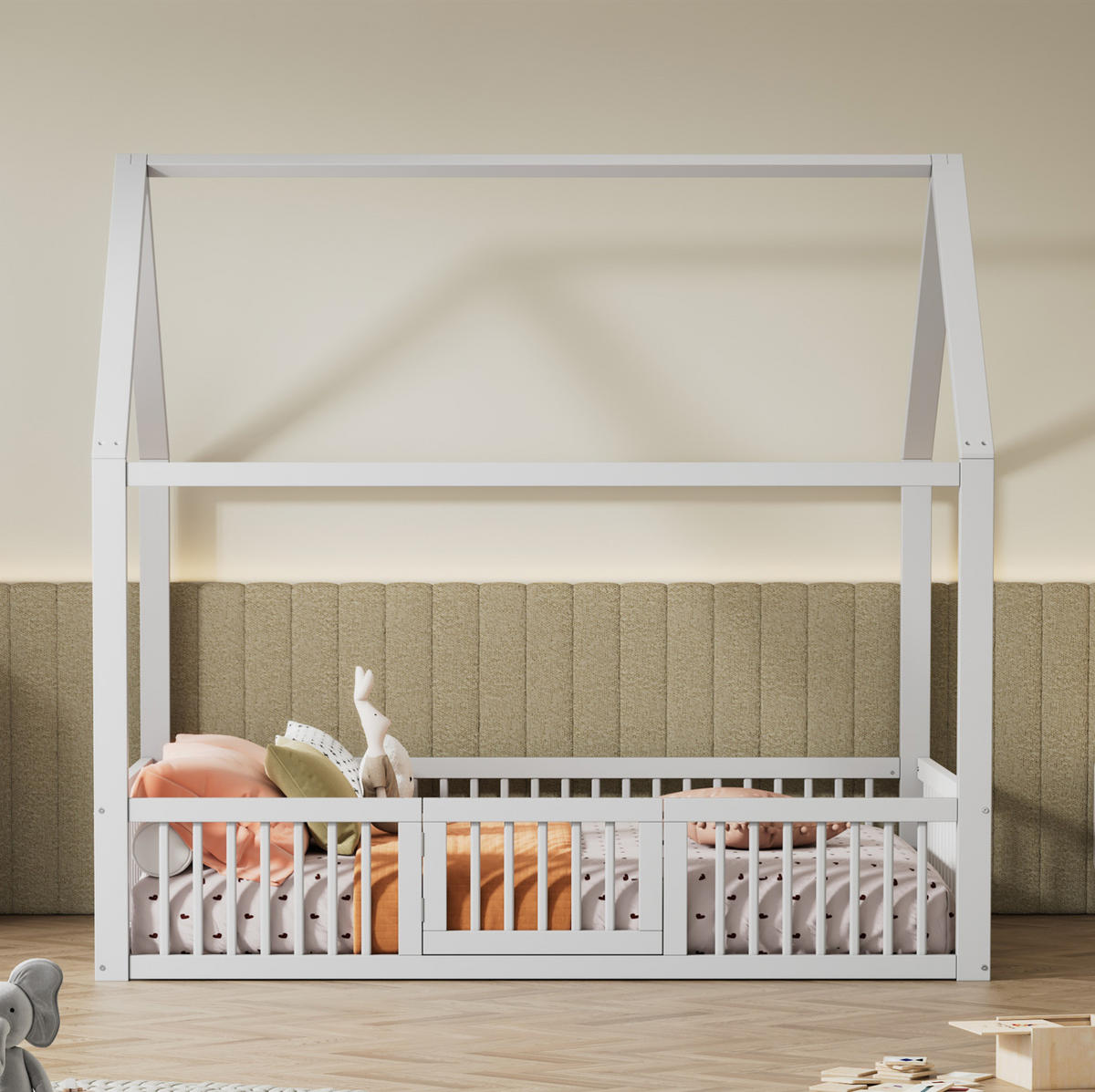 POSTELJA v obliki hiše 140/200 cm bela z varnostno ograjo in vratci iz bora in MDF - bela, les (140/200cm) - OKWISH