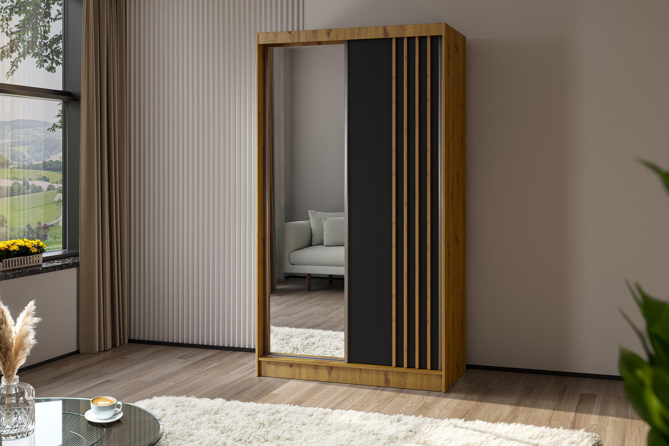KLEIDERSCHRANK mit Spiegel-Schiebetüren und Aluminium-Leisten - NALLA - 120 cm Artisan+Schwarz+Artisan - Graphitfarben/Eiche Artisan, Holzwerkstoff (120/216/61cm) - ALTDECOR