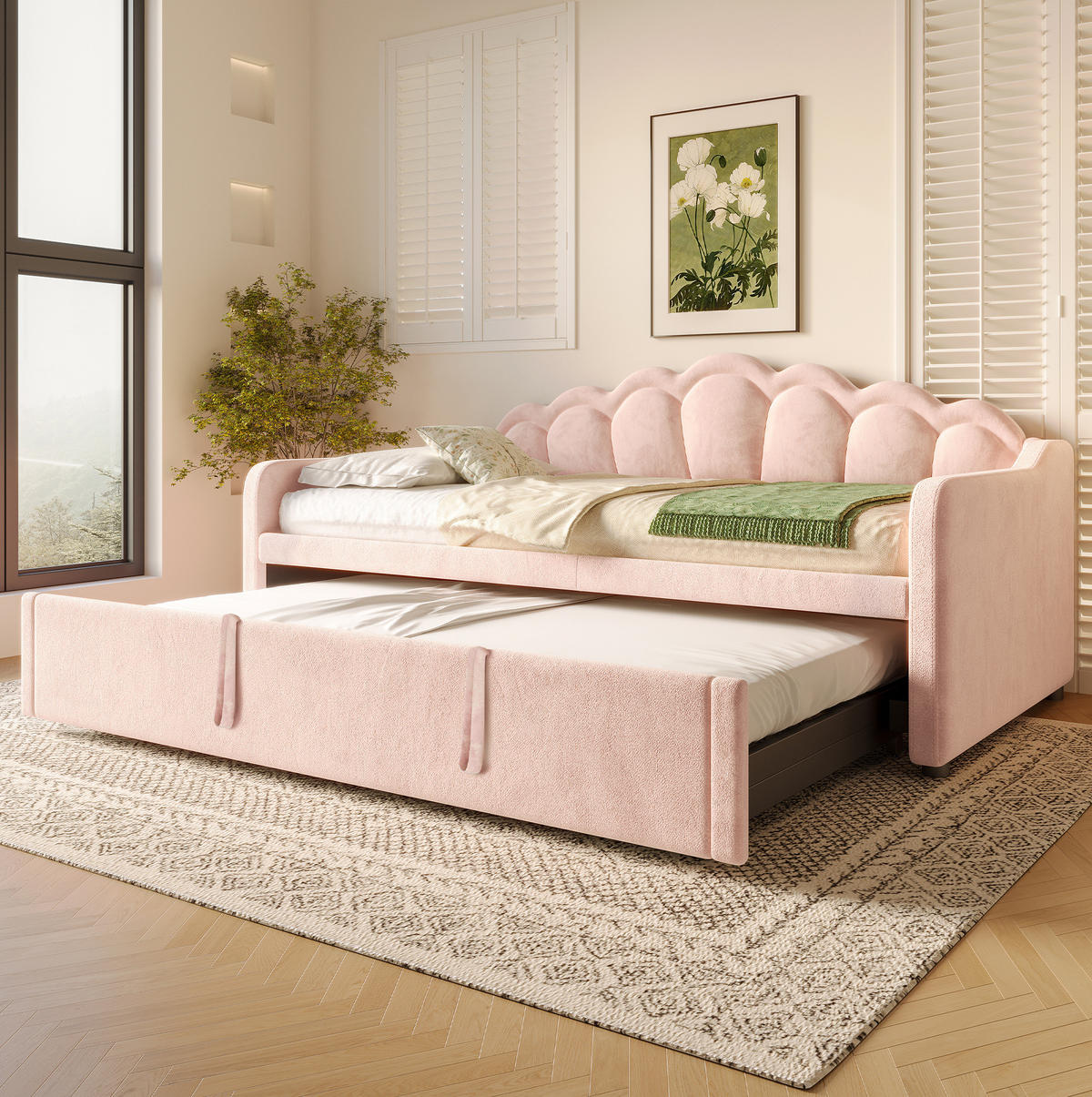 TAGESBETT 180/200 cm rosa aus Samt mit Ausziehbett und LED - Rosa, Textil (90/200cm) - OKWISH