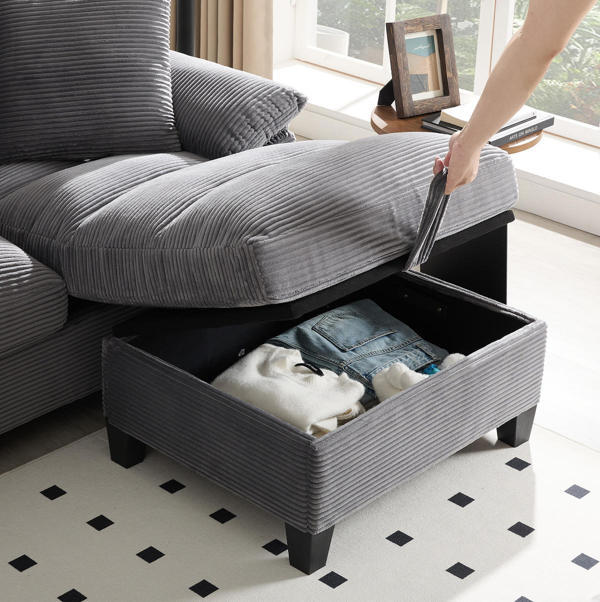 WOHNLANDSCHAFT U-Form 293/142/93 cm in Grau – mit Stauraum, USB und Getränkehalter - Grau, Textil (93/293/142cm) - BEAOK