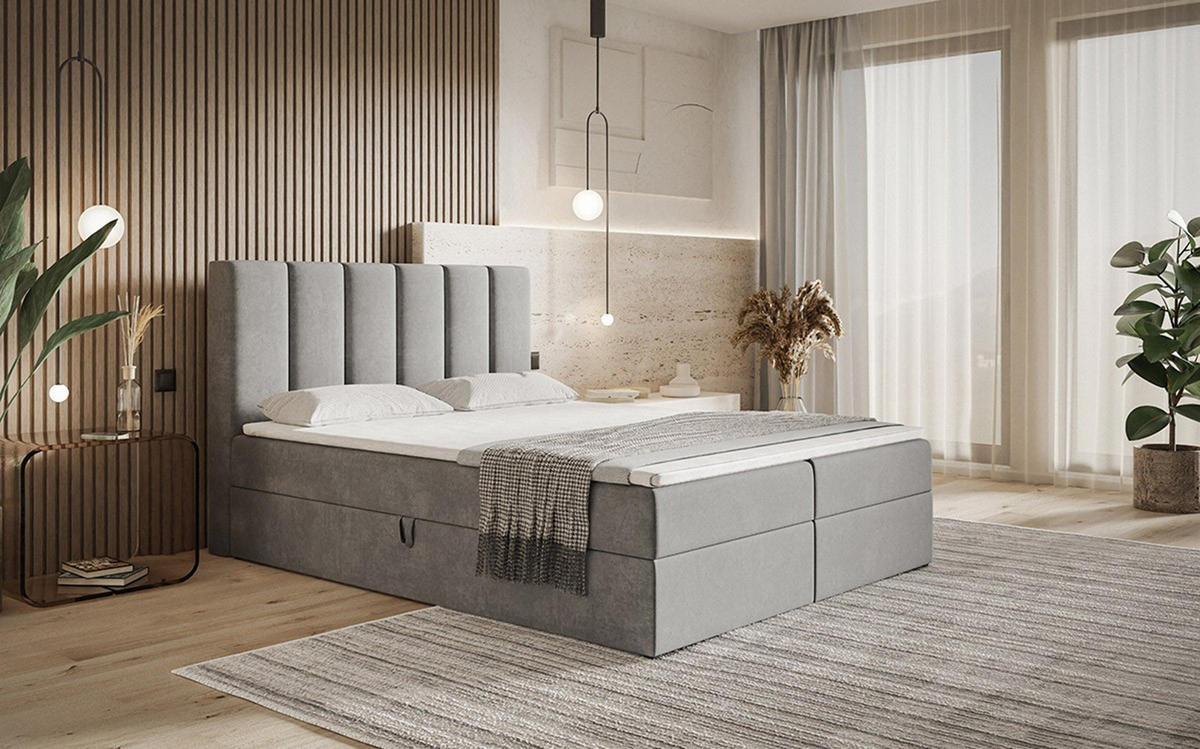 BOXBETT Bonio I 140/200 cm in Grau – mit Bettkasten und Topper - Hellgrau/Schwarz, Holz/Holzwerkstoff (140/200cm) - AX Living