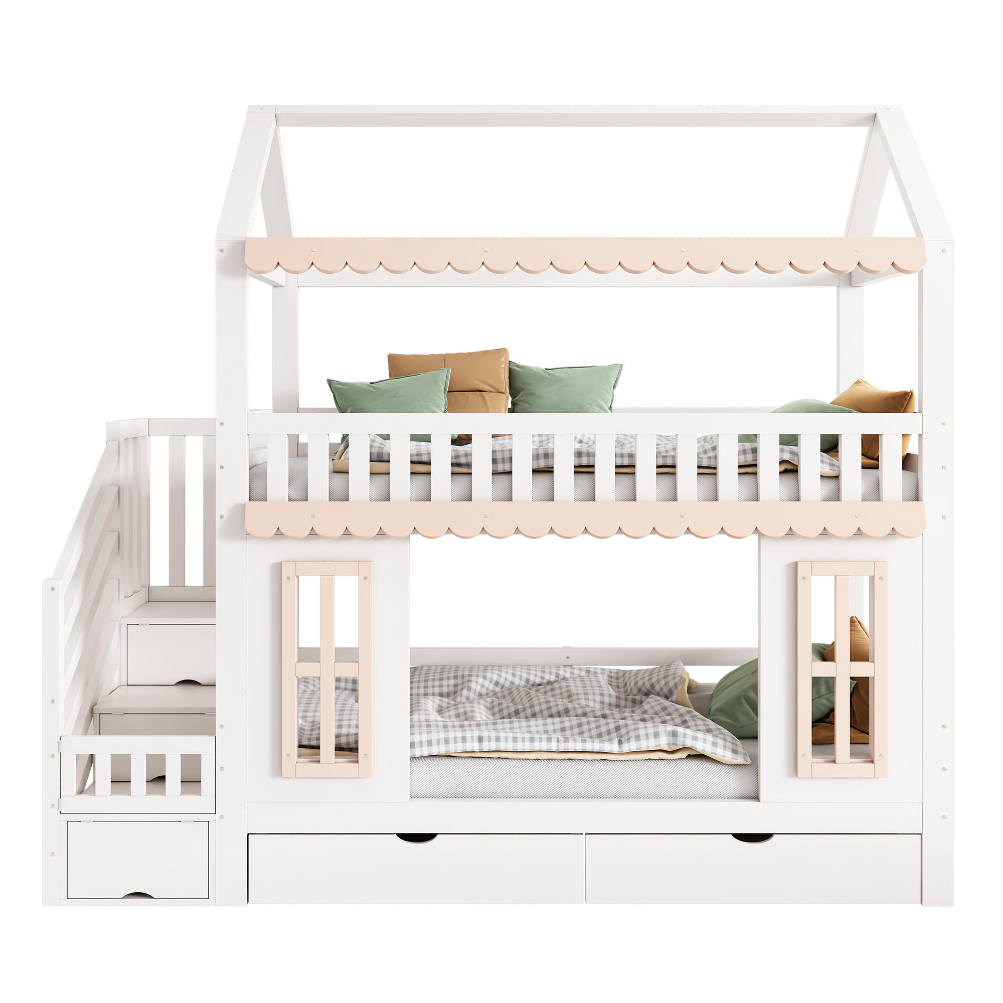 ETAGENBETT 90/200 cm in Weiß & Natur mit 2 Schubladen und Stauraumschrank - Weiß/Naturfarben, Holz/Holzwerkstoff (90/200cm) - CHICFURN