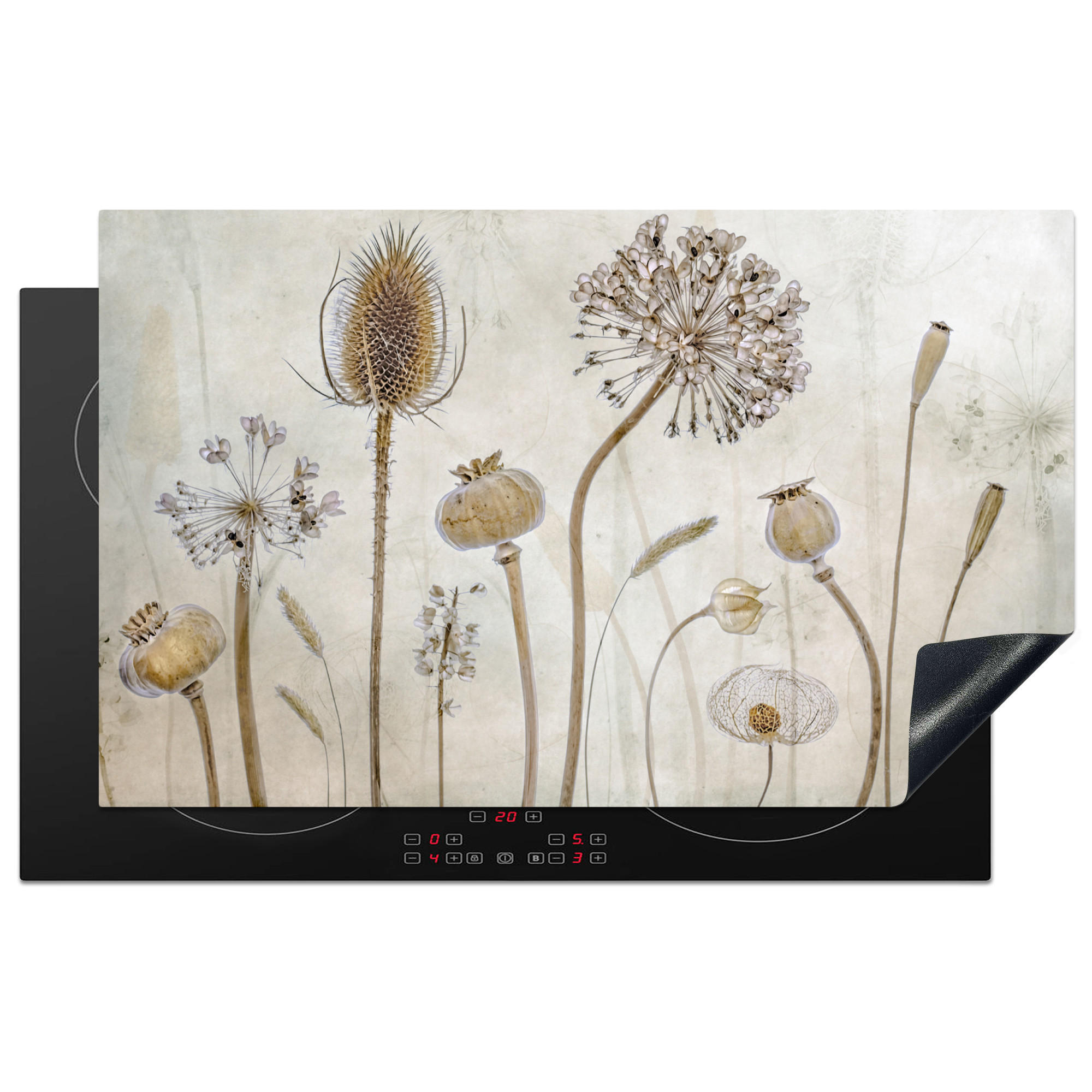 HERDABDECKPLATTE Blumen - Aquarell - Stilleben - Braun - Vintage 83x51 cm - Sandfarben, Kunststoff (83/0.2/51.5cm) - MuchoWow