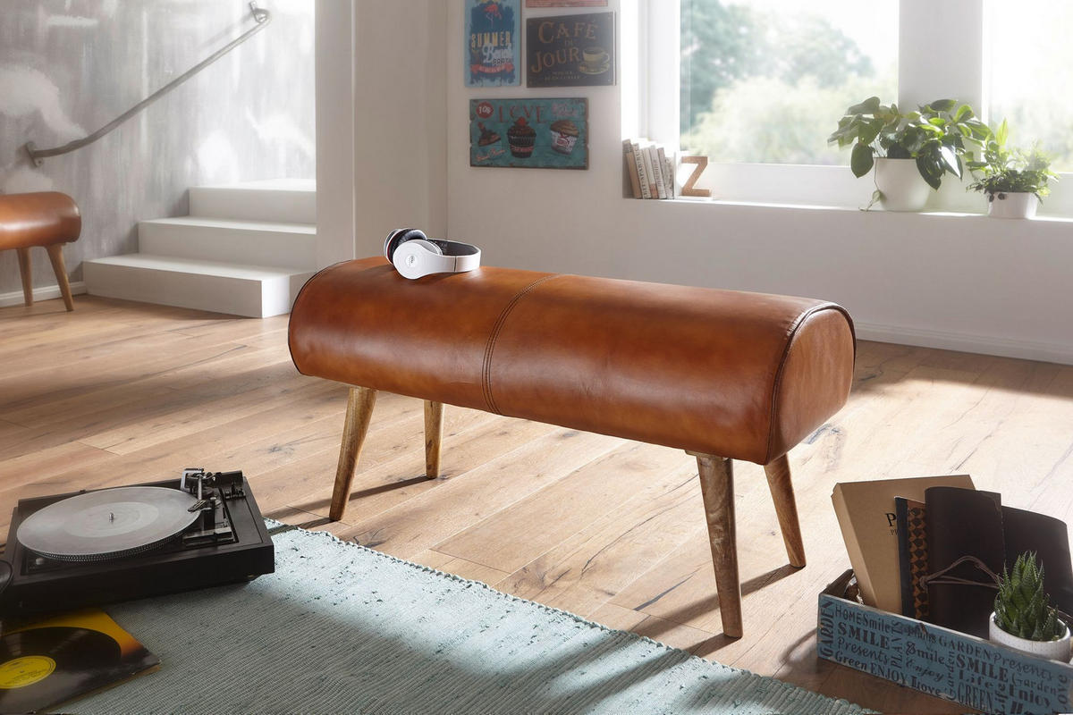 SITZBANK – Echtleder/Holz, 2 Personen, Modern - Braun, Mangoholz/Leder (100/53/40cm) - KADIMA DESIGN