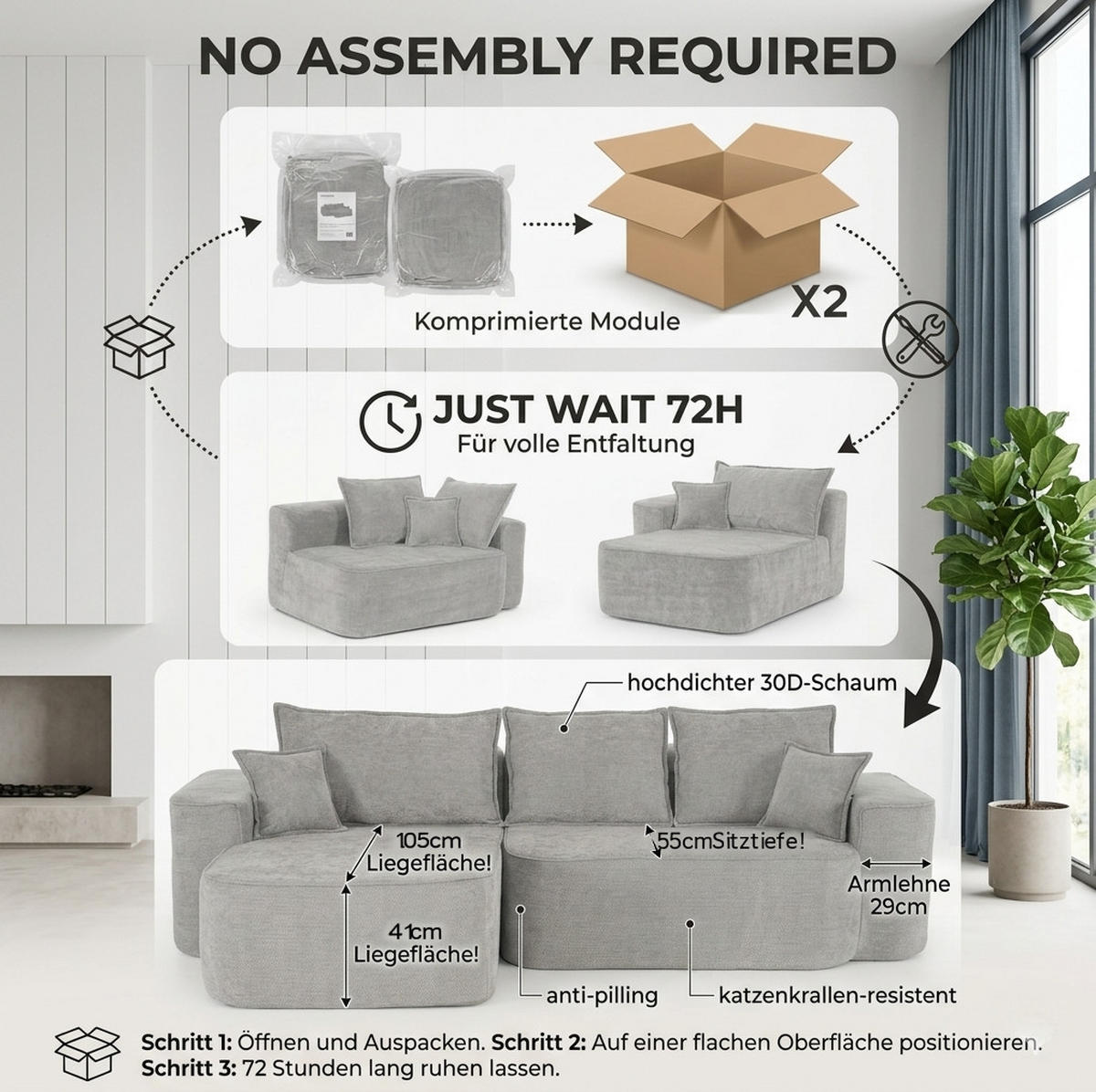 ECKSOFA 262 cm aus Chenille mit modularem Boneless-Design Grau - Grau, Textil (144/262cm) - Modenvie
