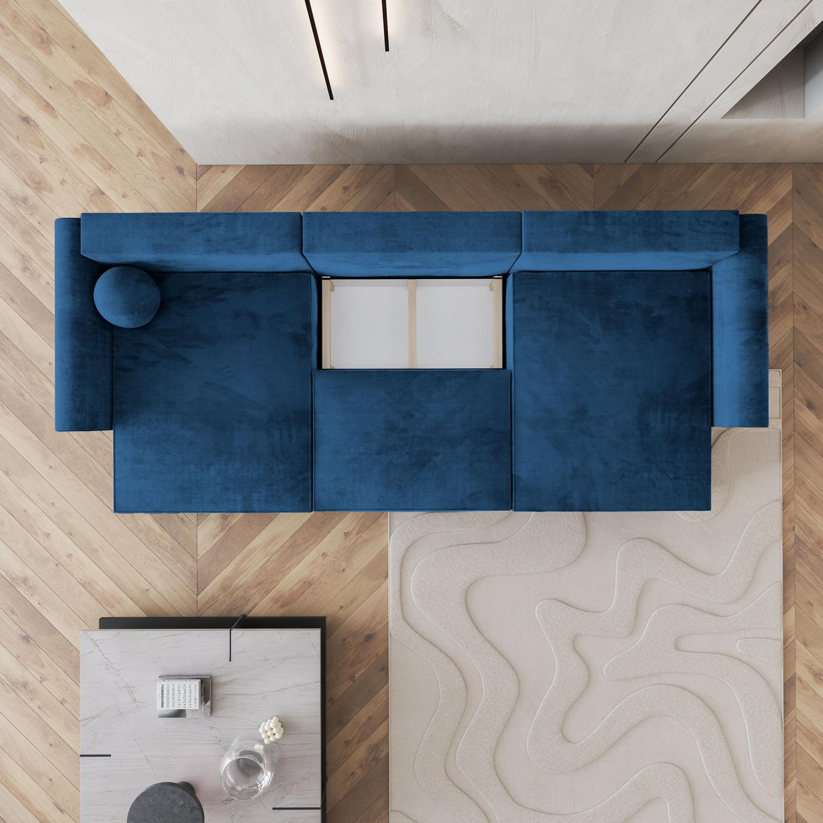 WOHNLANDSCHAFT FENTO M Blau Velours-Stoff mit Schlaffunktion - Blau, Holz (347/90/148cm) - MASSENO