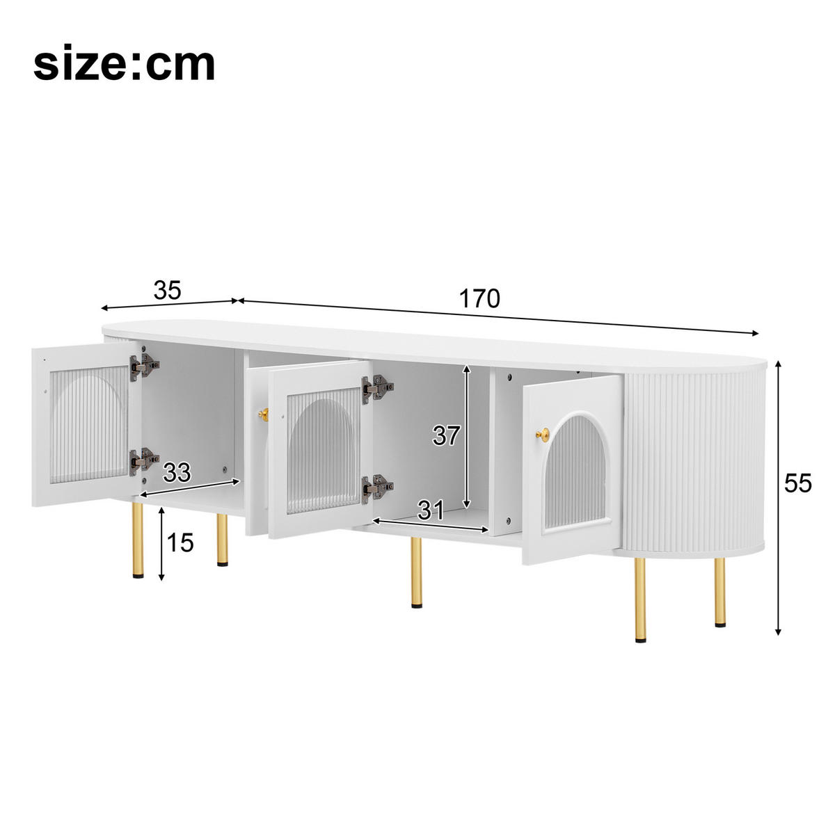 TV-LOWBOARD 170/35/55 cm mit 4 Glastüren, Soft-Close und Kabeldurchlass - Weiß, Holzwerkstoff (170/55/35cm) - BEAOK