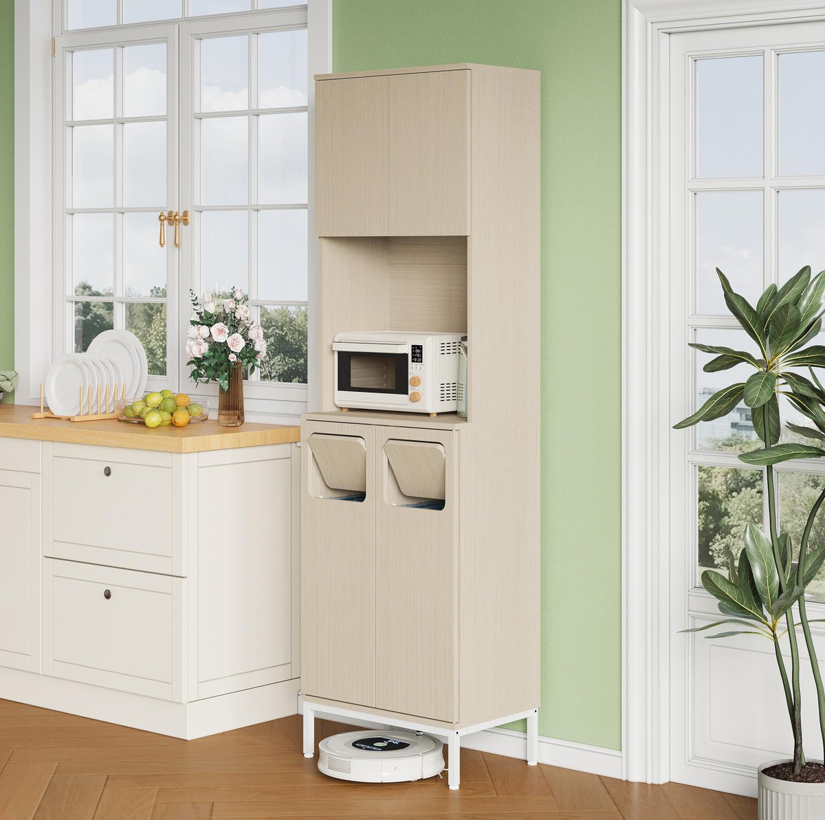 BUFFETSCHRANK 53/35/181 cm mit Müllfach, Mikrowellenfach und höhenverstellbaren Einlegeböden, Weiß - Weiß, Holzwerkstoff (35/181/53cm) - Redom