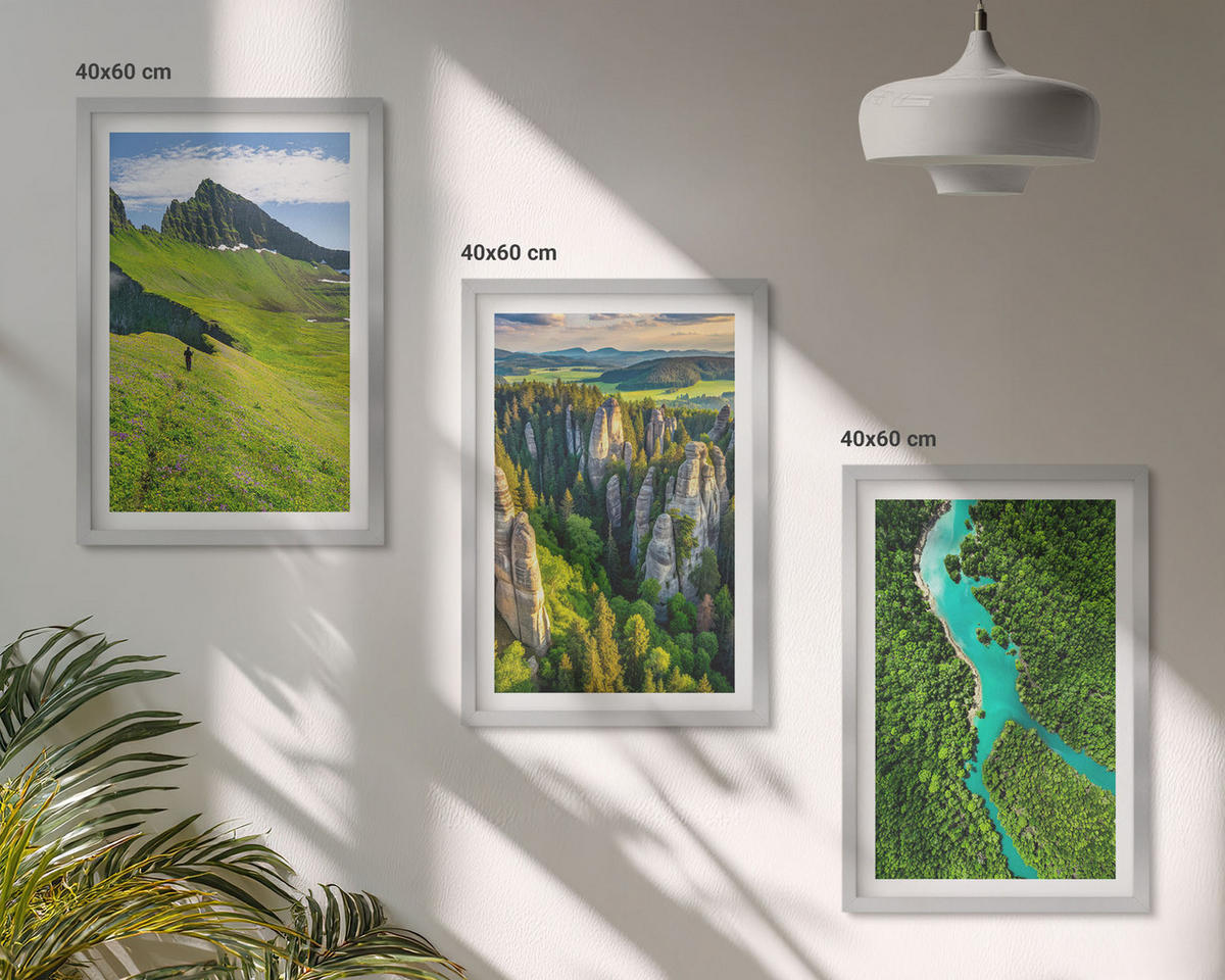 WANDBILDER 3er Set - 40x60 cm Silberner Rahmen - Grüne Berge, Flussfelsen - Silberfarben, Kunststoff (40/60cm) - ArtPrintCave