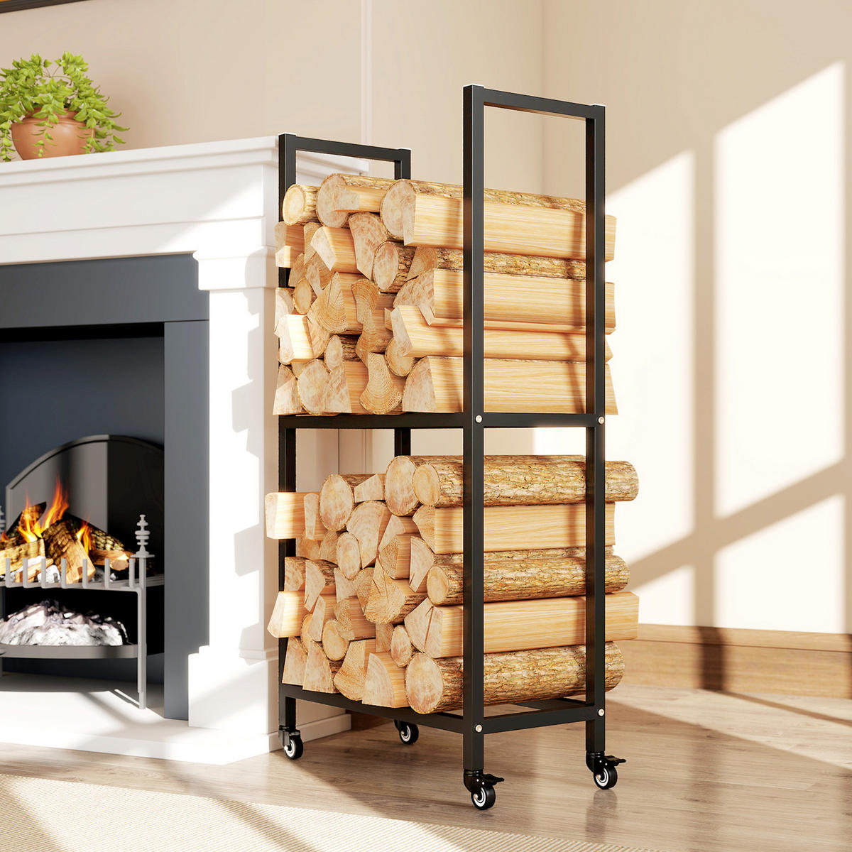 KAMINHOLZREGAL für innen Stahl 60 x 30 x 119cm 2 Ebenen Brennholzregal mit Rolle - Schwarz, Metall (30/119/60cm) - Outsunny