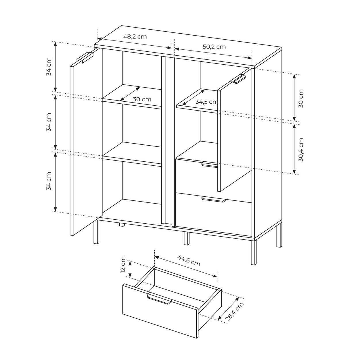 HIGHBOARD Catanian 2T 2S Grau 103,3/123,4/39,5 cm – mit goldenen Griffen und schwarzen Beinen - Schwarz/Grau, Holzwerkstoff/Metall (103.3/123.4/39.5cm) - AX Living