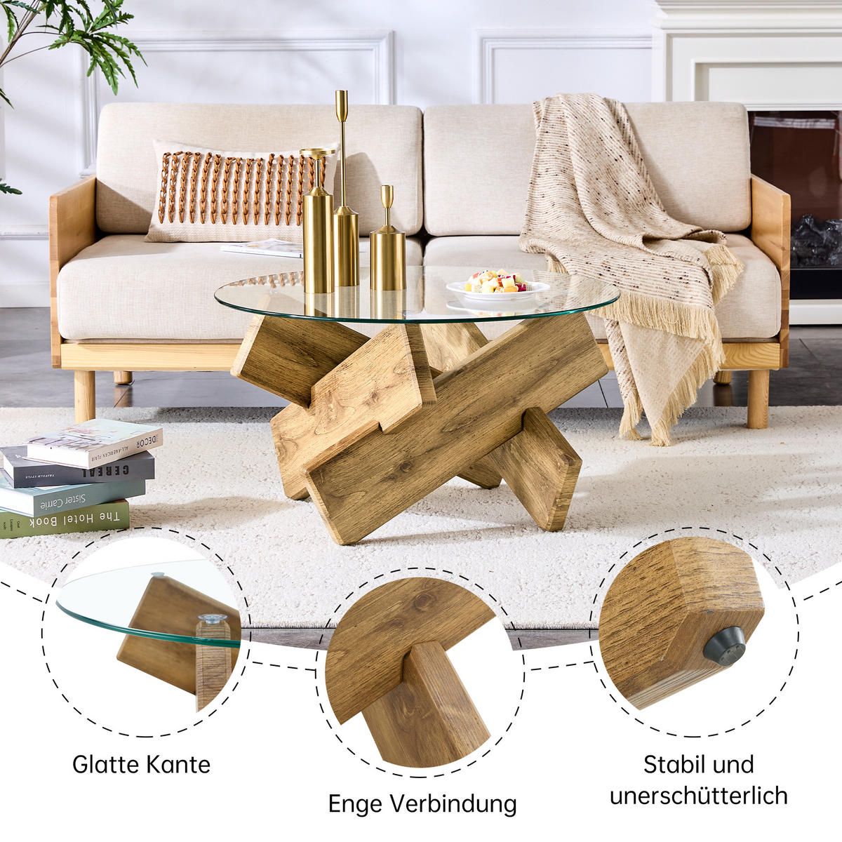 COUCHTISCH Ø 79 cm in Rundes Glas & Holz-Optik - Eichefarben, Holzwerkstoff (79/79/45cm) - Urban Meuble