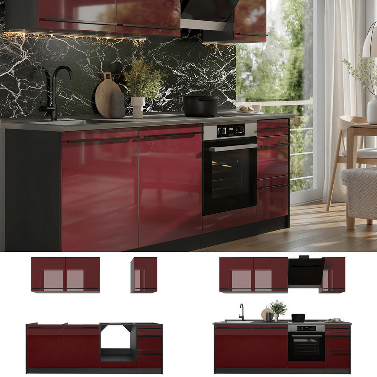 KÜCHENZEILE R-Line, Rot Hochglanz/Anthrazit, 220 cm Arbeitsplatte Goldkraft Eiche - Anthrazit/Rot, Holzwerkstoff (220/81.6/60cm) - Vicco