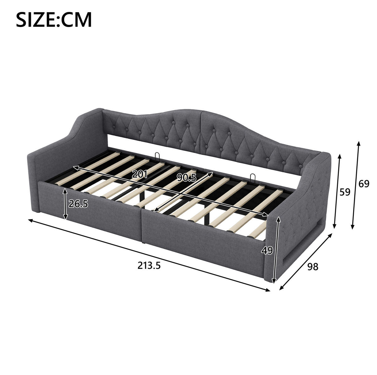POLSTERBETT 90/200 cm aus MDF und Sperrholz mit Leinenbezug LED-Beleuchtung und Stauraum Grau - Grau, Holzwerkstoff (90/200cm) - Modenvie