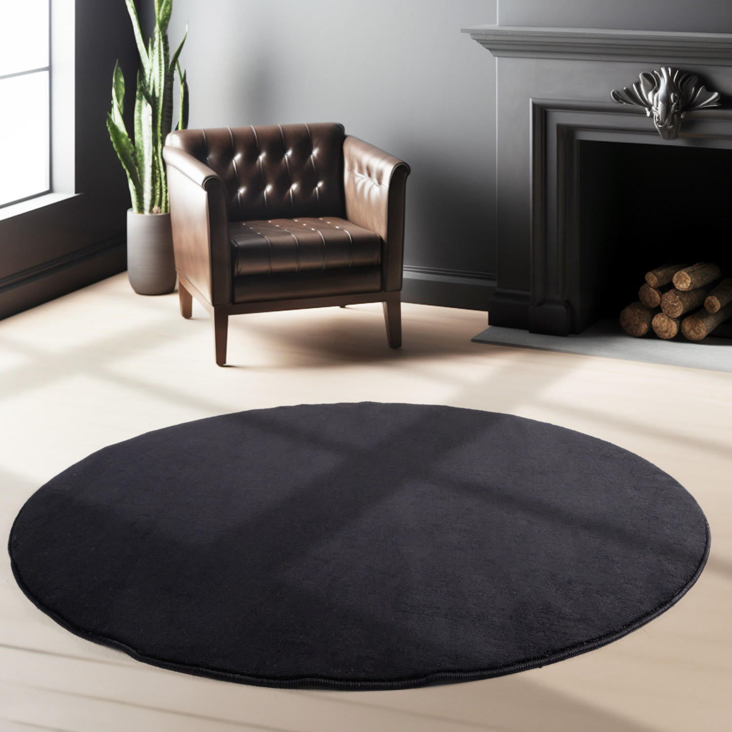 TEPPICH Kurzflor Uni-Farbe Microfaser Antirutsch Wohnzimmer waschbar Schwarz Rund 200x200 - Schwarz, Textil (200/200cm) - KADIMA DESIGN