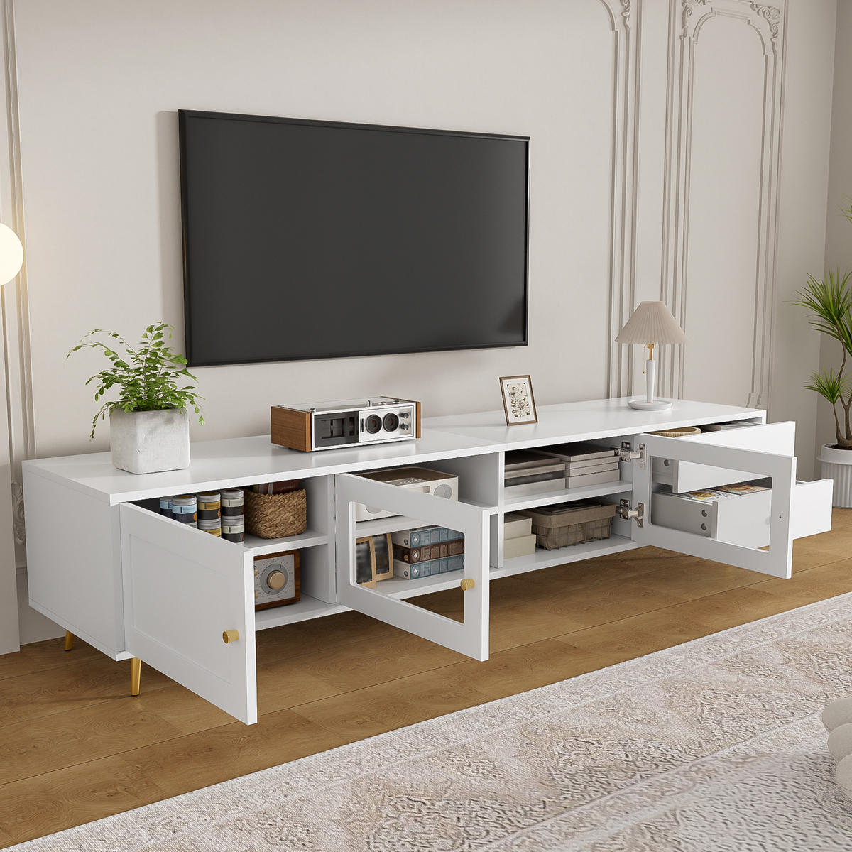 TV-SCHRANK 170/40/28 cm Weiß mit 2 Schubladen, 2 Glastüren und 1 Schranktür - Weiß, Holzwerkstoff/Metall (170/28/40cm) - Oxeza