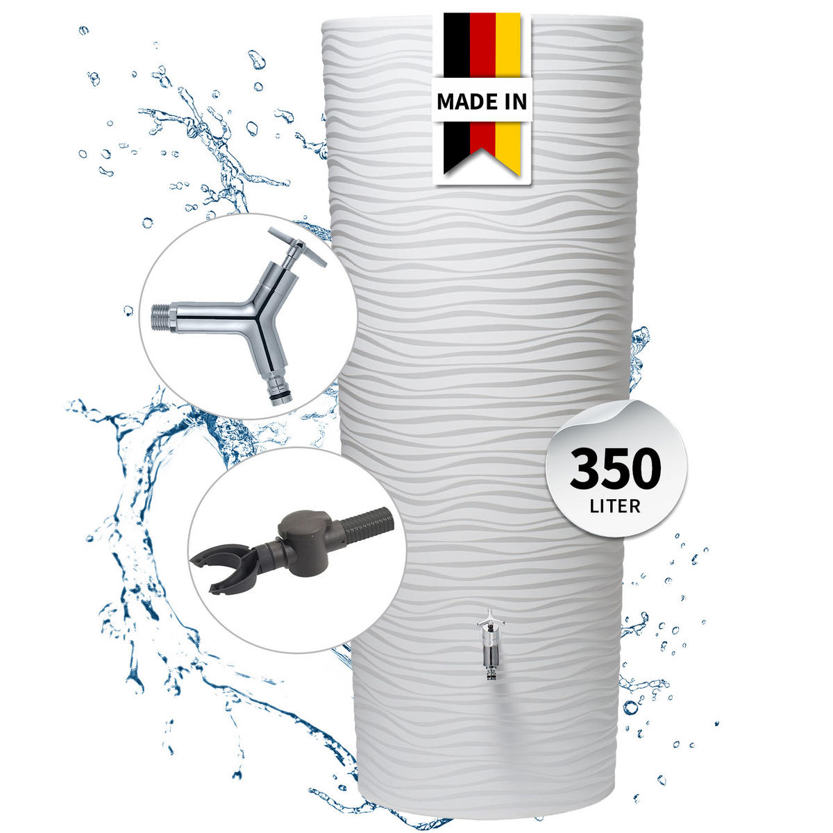 2IN1 Regentonnen Komplett-Set 350 L arctic inkl. Design Chrom-Auslaufhahn und Fallrohranschluss - Weiß, Kunststoff (62/150/80cm) - GARANTIA