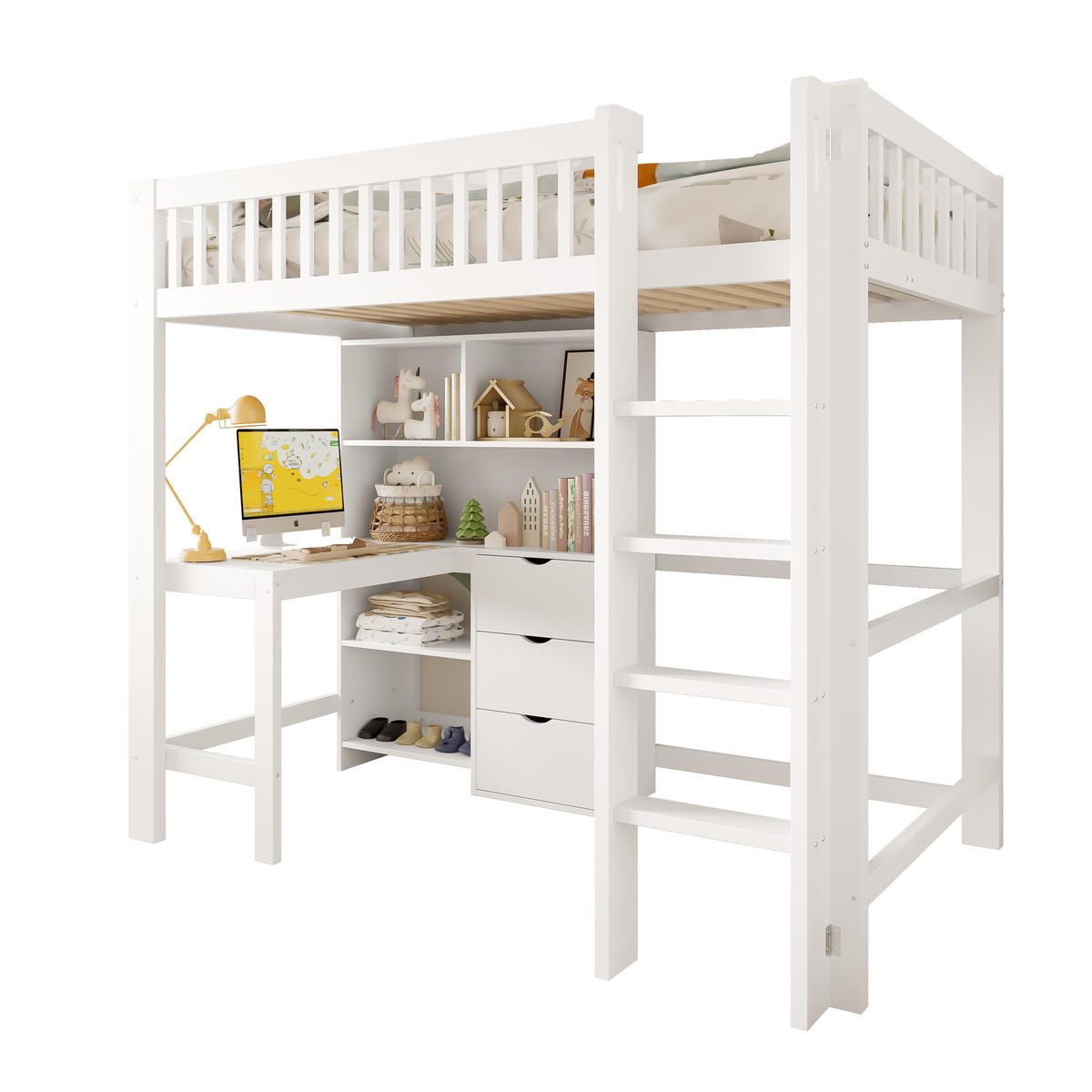 HOCHBETT 90/200 cm Weiß mit Schreibtisch und mehreren Ablagefächern ohne Matratze - Weiß, Holz (90/200cm) - OKWISH