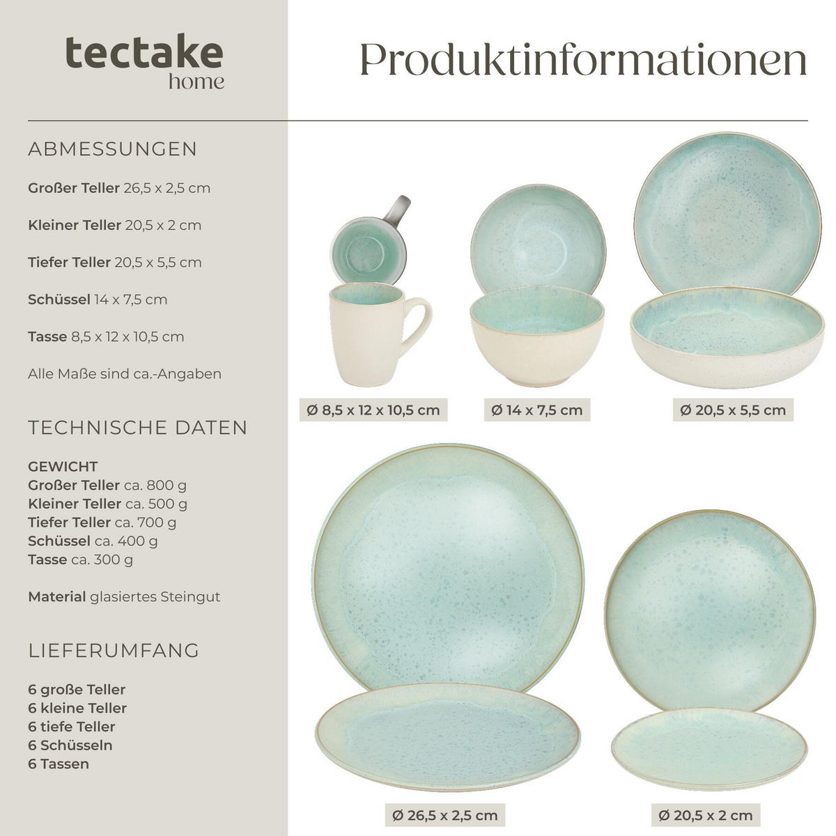 KOMBISERVICE Mare, ineinander stapelbar, Mint - Mintgrün, Keramik (26.5/2.5/26.5cm) - tectake