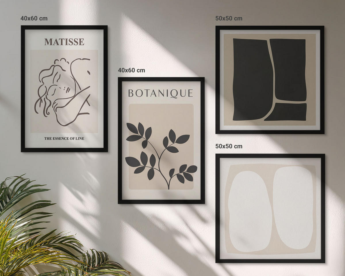 WANDBILDER 4er-Set - 50x50 cm & 40x60 cm Schwarzer Rahmen - Matisses stilvolle Pflanzenbilder - Schwarz, Kunststoff (50/50cm) - ArtPrintCave