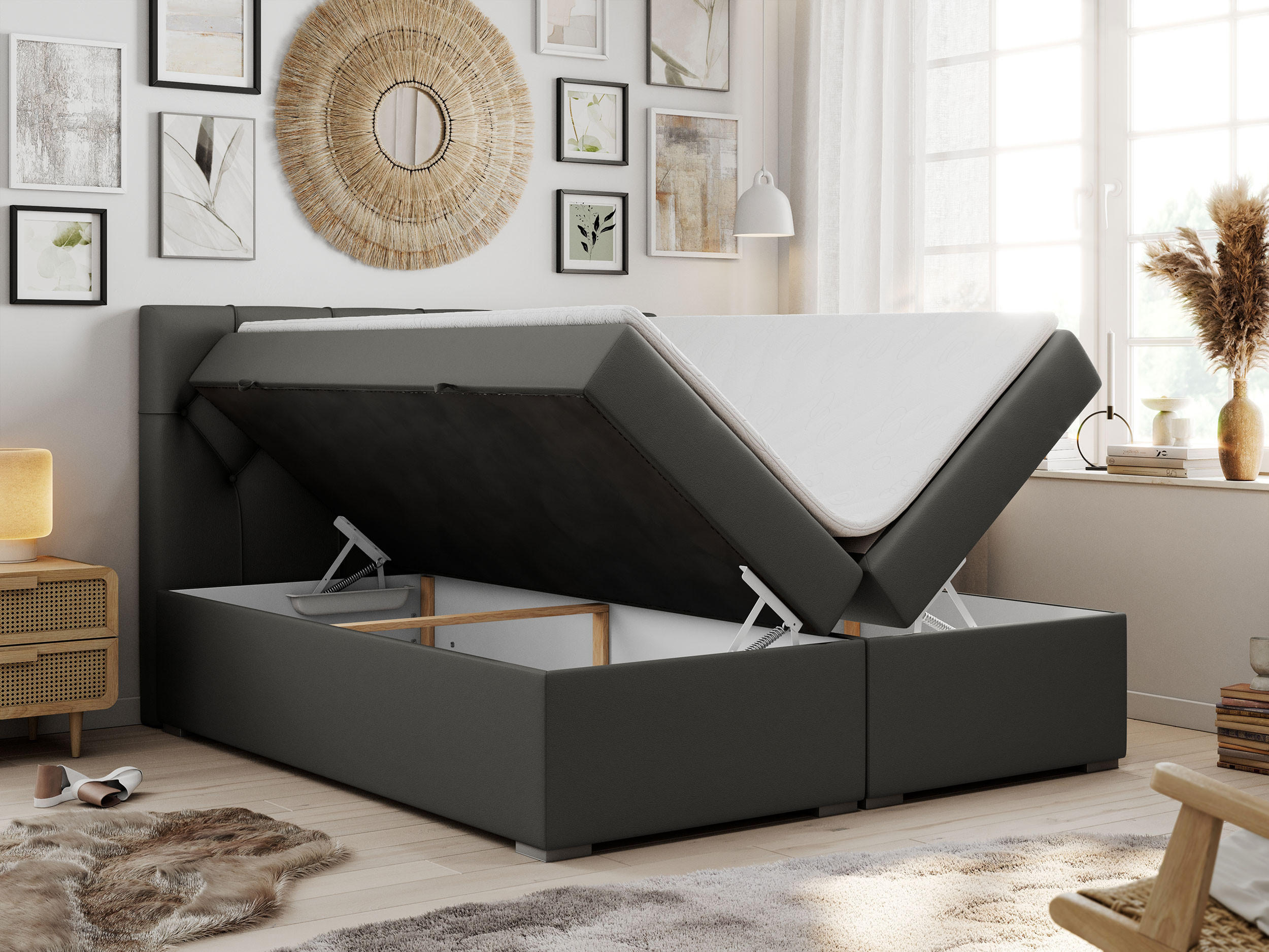 Thumbnail - MKS Boxbett, Dunkelgrau, Textil, 2-Sitzer, H3, Rechteckig, 160x200 cm, Schlafzimmer, Betten, Boxspringbetten