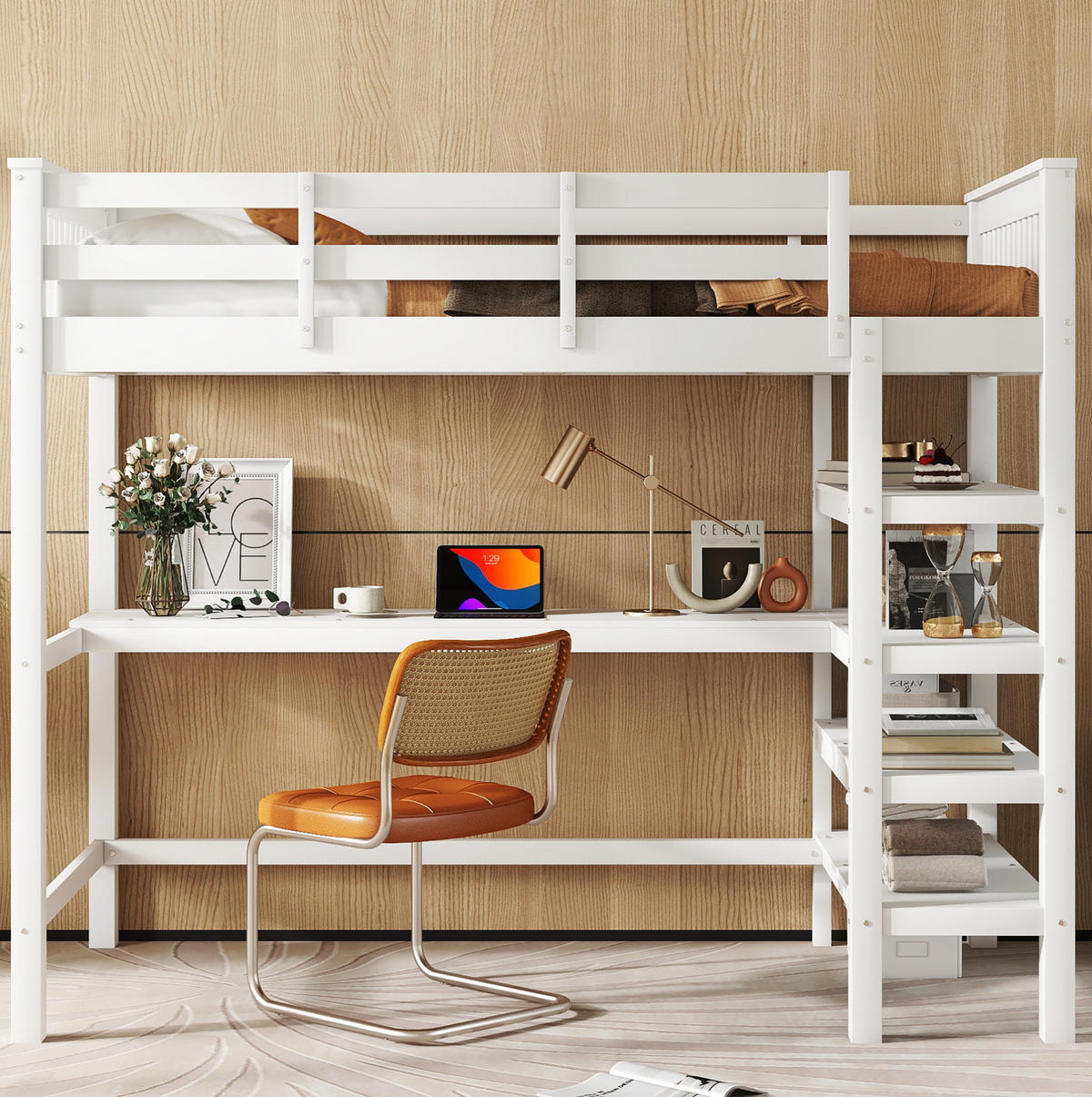 HOCHBETT mit Schreibtisch und Regalen 90x200 cm Kiefernholz Weiß - Weiß, Holzwerkstoff (90/200cm) - Beauniv