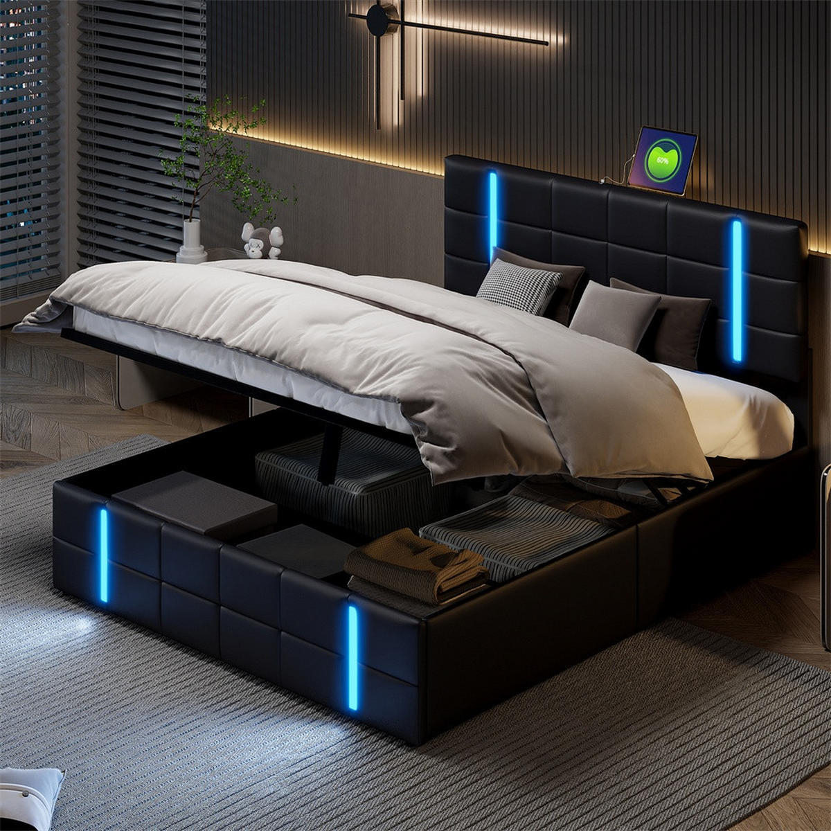 POLSTERBETT 140x200 cm mit LED-Beleuchtung , 2 USB-Ports und hydraulischem Stauraum - ohne Matratze - Schwarz, Textil (140/200cm) - DELFA