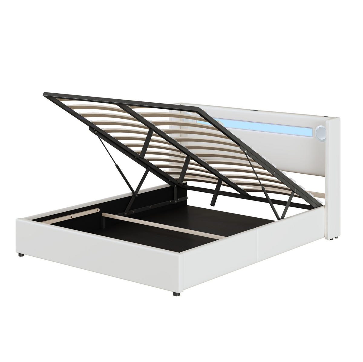 POLSTERBETT aus PU-Leder 160x200 cm Weiß mit LED, Bluetooth, USB und hydraulischem Bettkasten - Weiß, Kunststoff (160/200cm) - Modfu
