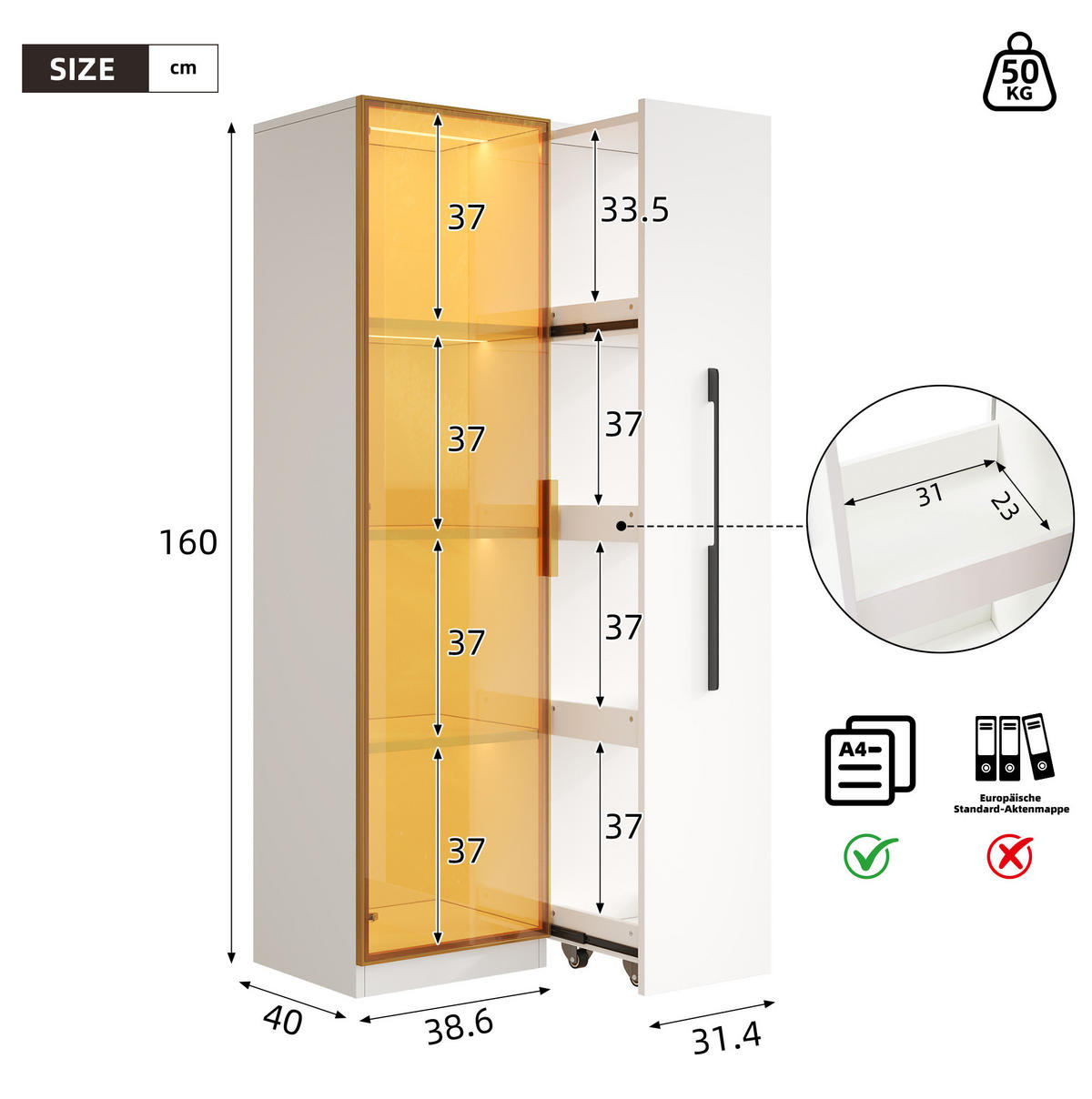 VITRINE 70/40/160 cm aus MDF mit integrierter LED-Beleuchtung Weiß - Weiß, Holzwerkstoff (70/160/40cm) - Modenvie