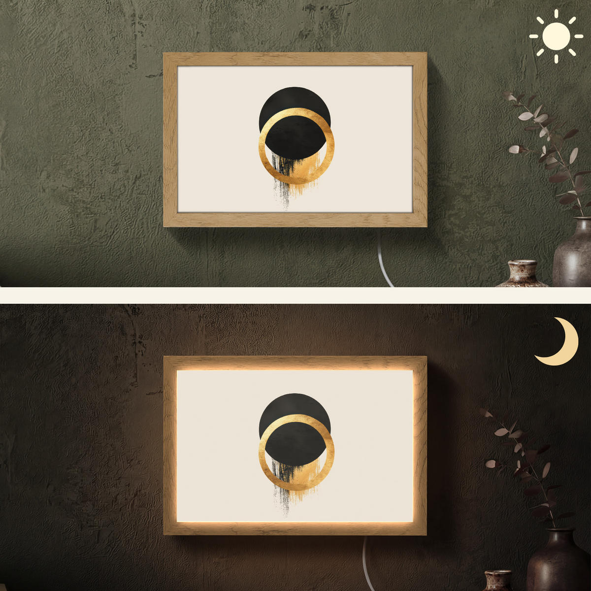 NÁSTĚNNÁ LAMPA Abstraktní design - Černý kruh - Skvrny od barvy 30x20 cm - krémová, kompozitní dřevo (30/20/8cm) - OnlyWow