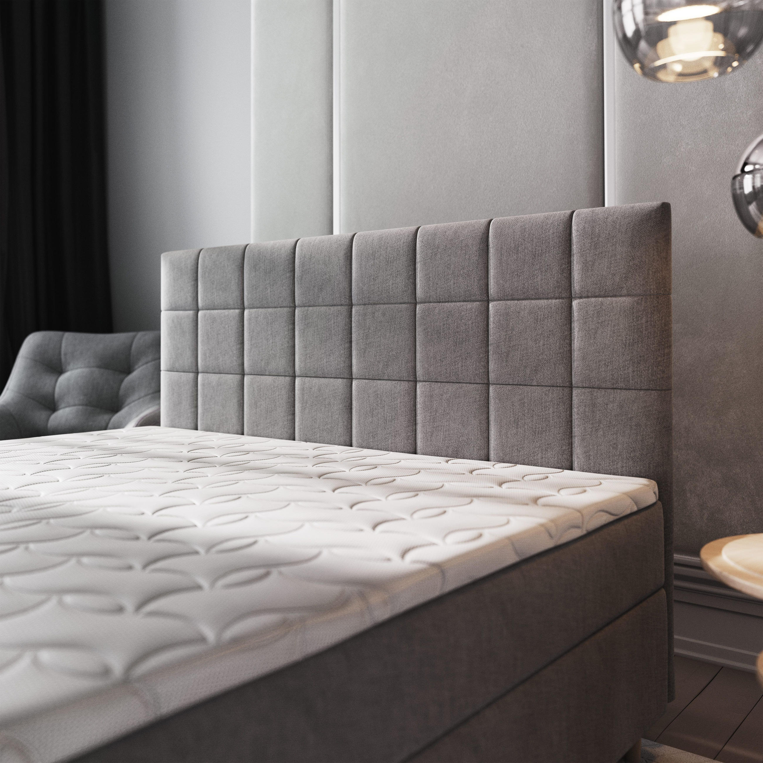 Thumbnail - Masseno Boxbett, Hellgrau, Holz, H2 + H3, 160x200 cm, Schlafzimmer, Betten, Boxspringbetten