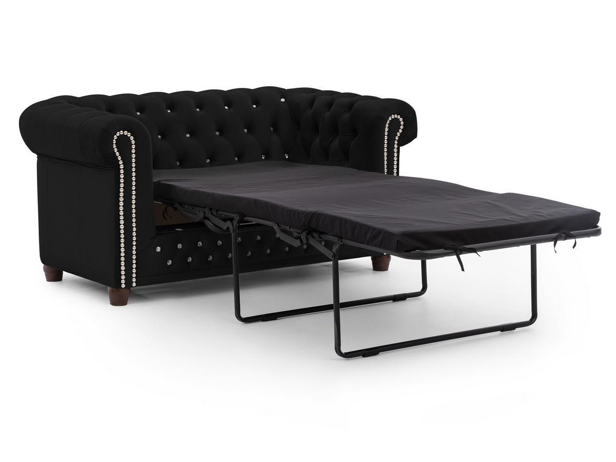CHESTERFIELD-SOFA 2-Sitzer mit Schlaffunktion Cleo Blink Schwarz Samt mit Kristallsteppung und braunen Massivholzfüßen - Schwarz/Braun, Holz/Textil (148/72/86cm) - S-Style Möbel