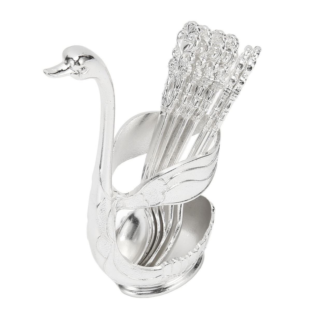 BESTECK-SET 7-teiliges Schwanenhalter-Löffel-Set–6 Dessertlöffel - Silberfarben, Metall
