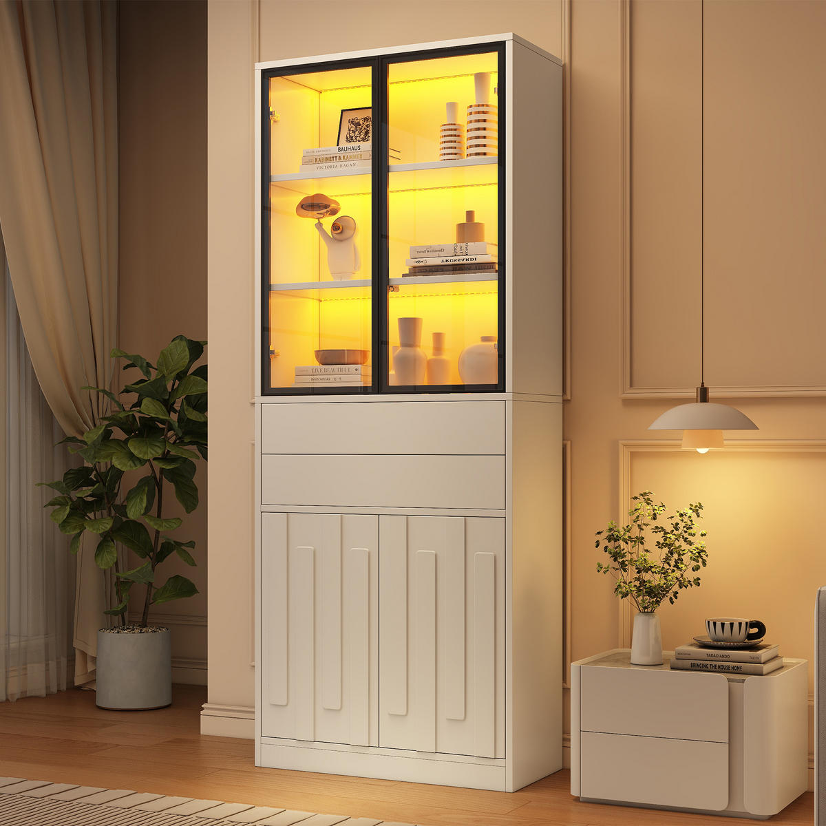 VITRINE 70x34x180 cm Weiß mit LED und 2 Schubladen - Weiß, Holzwerkstoff (70/180/34cm) - FLIEKS