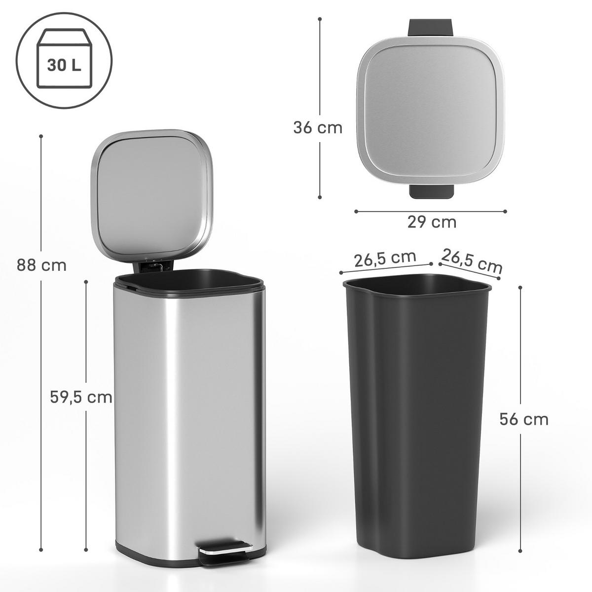 MÜLLEIMER Küche 30L 29/36/59,5 cm Metall Silber MIT SOFT-CLOSE-DECKEL Treteimer für Haushalt - Silberfarben, Metall (36/59.5/29cm) - Rolipo