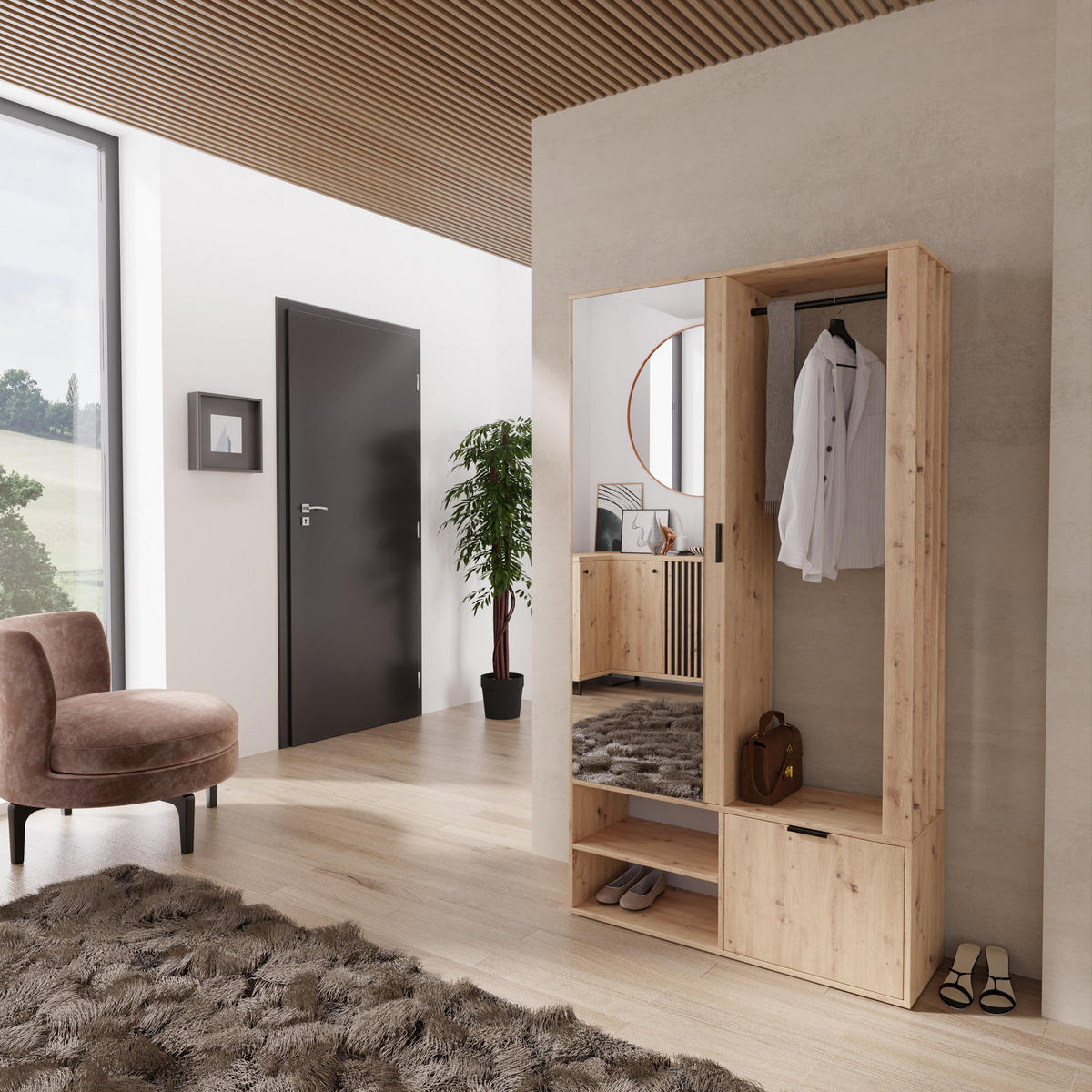 GARDEROBEN-SET Lena mit Spiegel, Sitzbank & Kleiderstange – 100/189/33 cm – Artisan Eiche - Braun/Eiche Artisan, Holzwerkstoff (100/189/33cm) - WFL GROUP