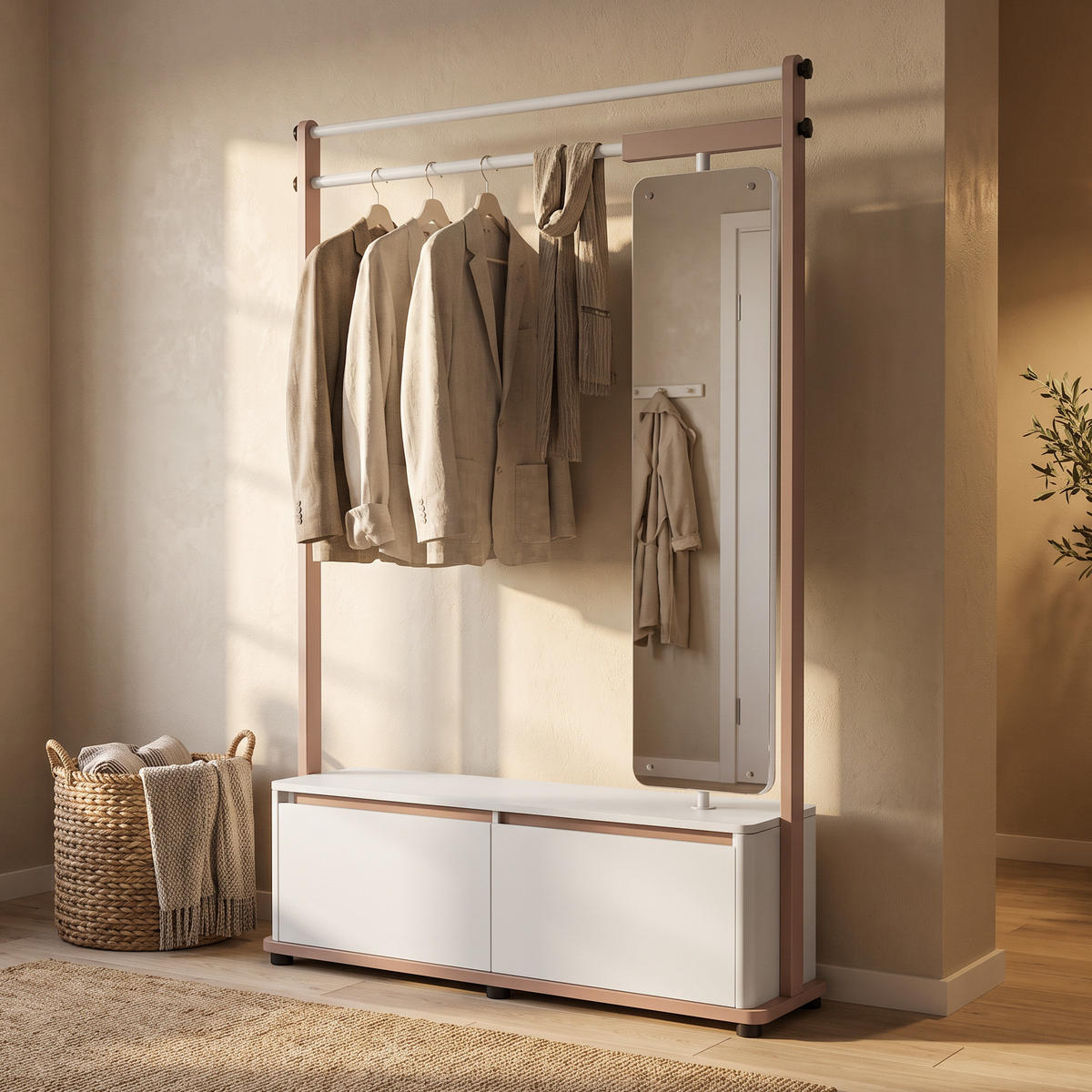 PŘEDSÍŇOVÁ STĚNA Boreo se 2 dveřmi a otočným zrcadlem, 125 cm, kašmír + světle hnědá - kašmírová/světle hnědá, kov (125/183/30cm) - Beautysofa