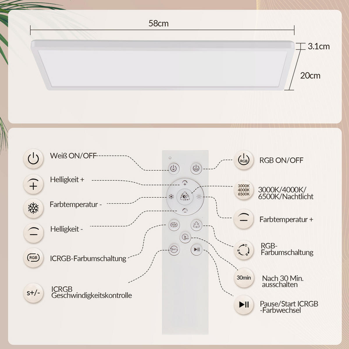 LED stropní světelný panel bílý 20/58/3cm - bílá, plast (58/20/3cm) - Nettlife