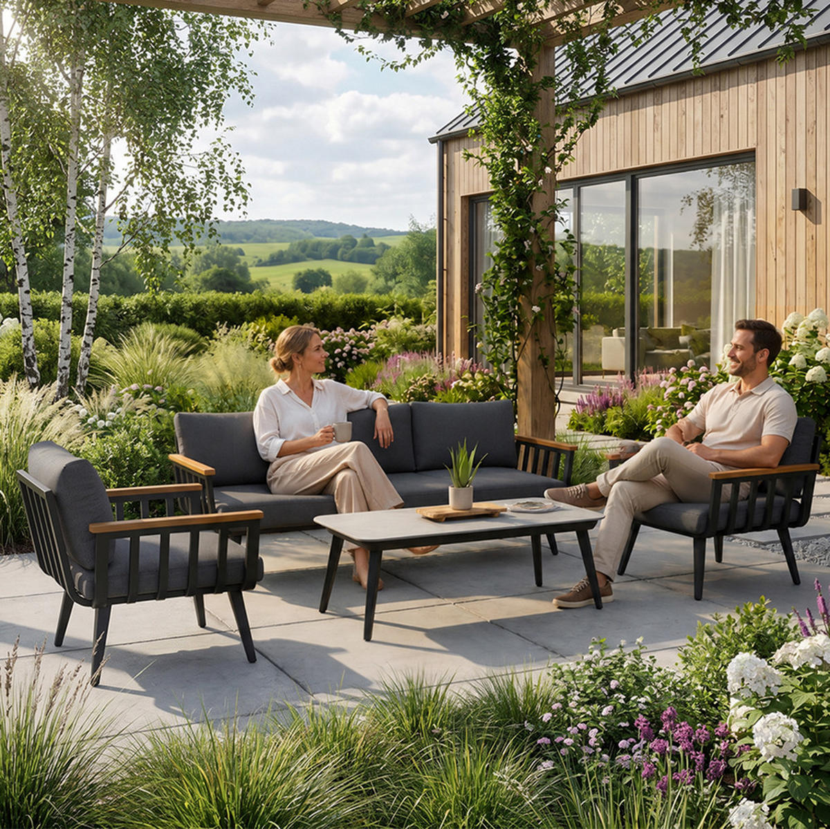 GARTENSET Nova mit Sofas Sessel und Kaffeetisch, für 5 Personen, Metallbeine, Grau - Grau, Metall - Beautysofa