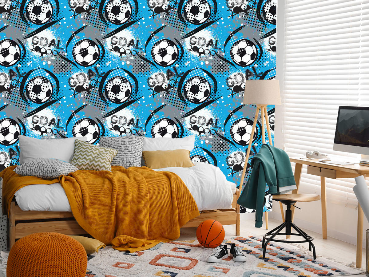 VLIESTAPETE Fußball-Comic – Blau, Schwarz, Weiß – 50x1000 cm - Blau/Schwarz, Papier (50/1000cm) - Muralo