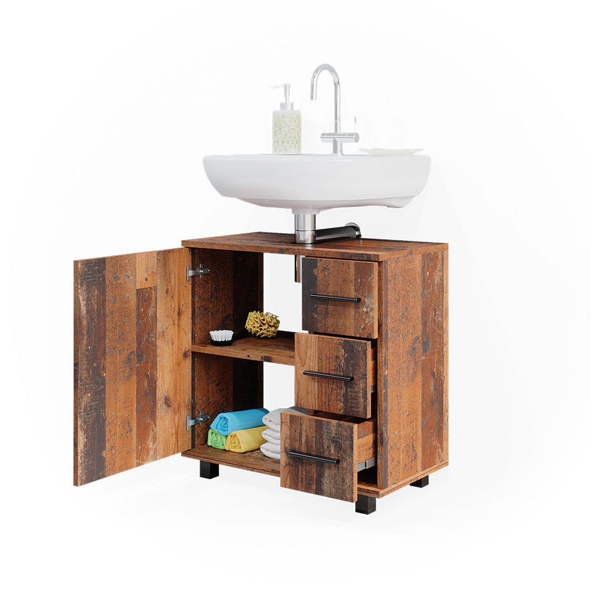 WASCHBECKENUNTERSCHRANK Ilias Eiche rustikal 60 x 60 cm mit Tür und 3 Schubladen - Wildeiche, Holzwerkstoff (60/60.8/33cm) - Vicco