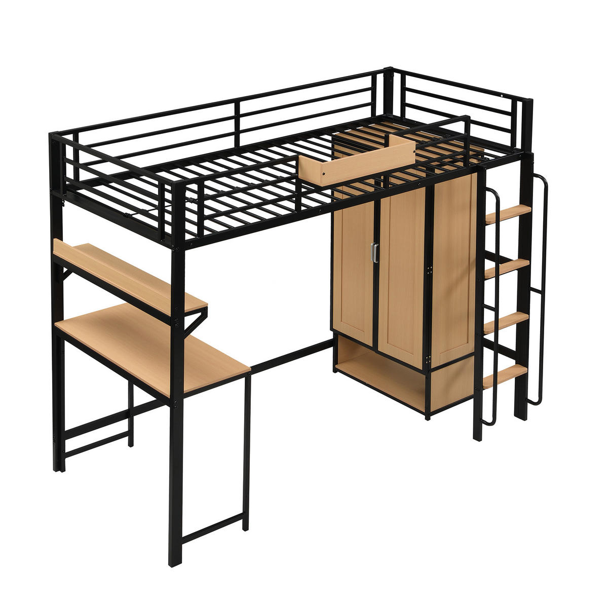 HOCHBETT 90/200 cm in Schwarz & Natur mit Kleiderschrank, Schreibtisch und Regal - Schwarz/Naturfarben, Holzwerkstoff/Metall (90/200cm) - CHICFURN