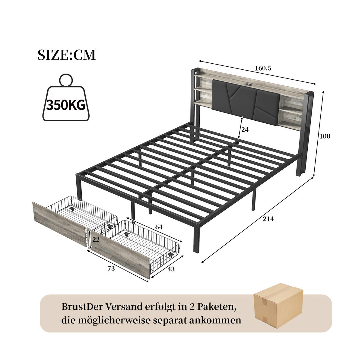 POLSTERBETT 160x200 Cm Mit LED, USB, Stauraum & Schubladen - Schwarz, Holz (160/200cm)