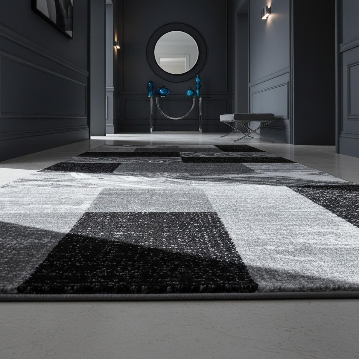 TEPPICH Handwäsche Kurzflor Abstrakte Karos Polypropylen Wohnzimmer Schwarz Läufer 80x300 - Schwarz, Textil (80/300cm) - KADIMA DESIGN