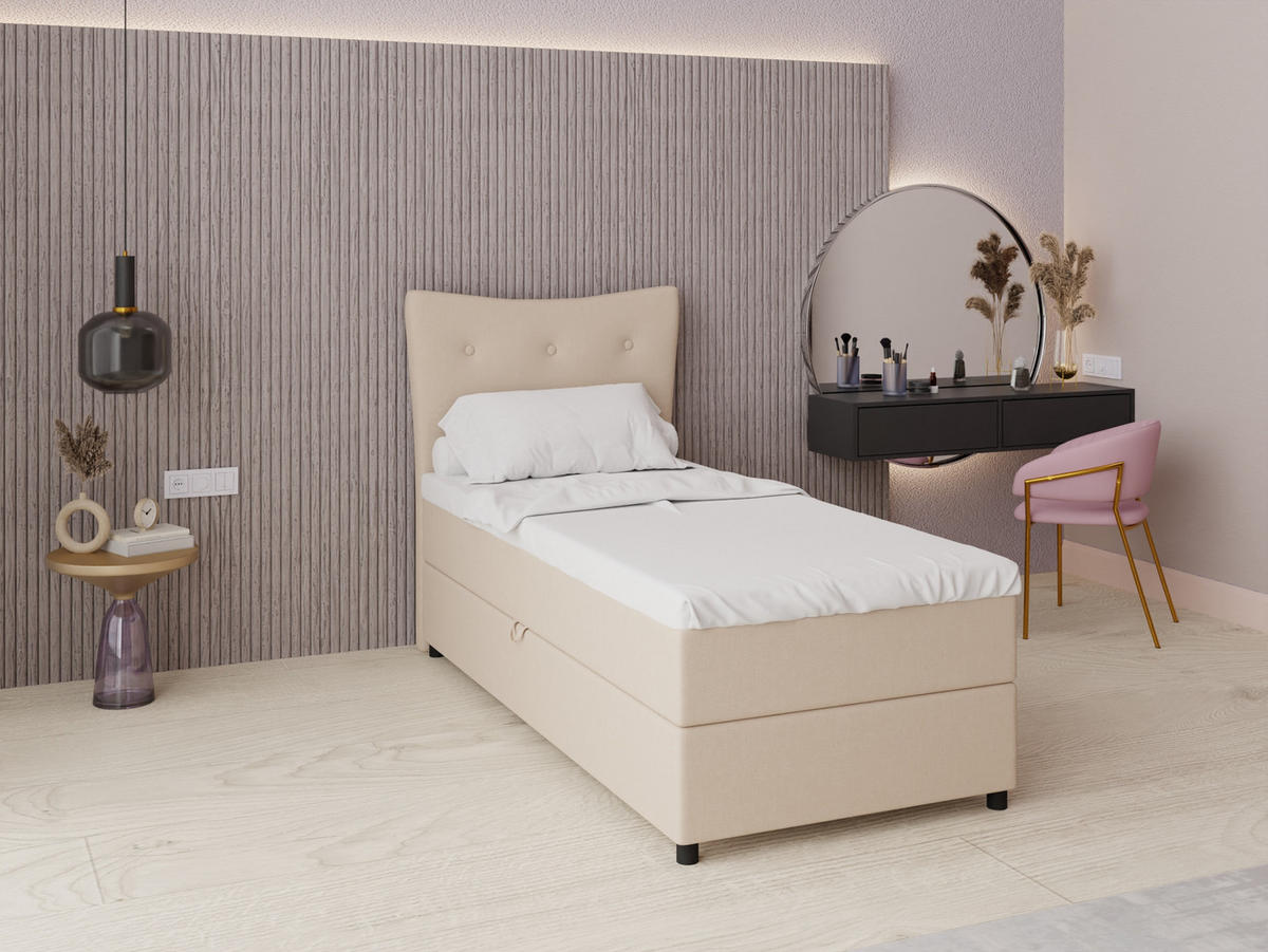 BOXBETT Nevada 90x200 cm Polsterbett mit hochwertiger Bonell-Matratze und Topper - beige - Beige, Holz (90/200cm) - Panda Möbel