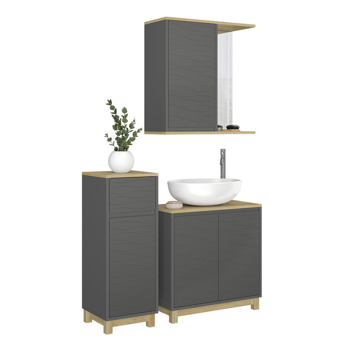 BADMÖBEL-SET Livia Anthrazit/Eiche 3 Teile, mit Midischrank - Eichefarben/Anthrazit, Holzwerkstoff (60/60/30cm) - Vicco