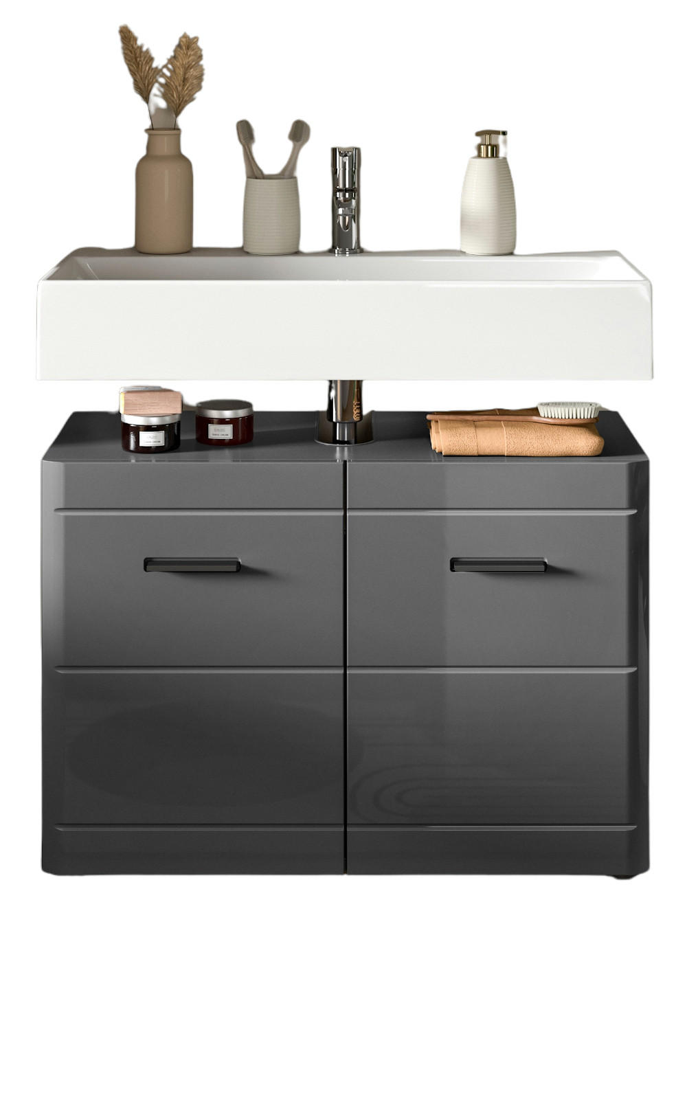 WASCHBECKENUNTERSCHRANK grau Hochglanz 80 cm mit Soft-Close - Schwarz/Grau, Holzwerkstoff/Kunststoff (80/56/34cm)
